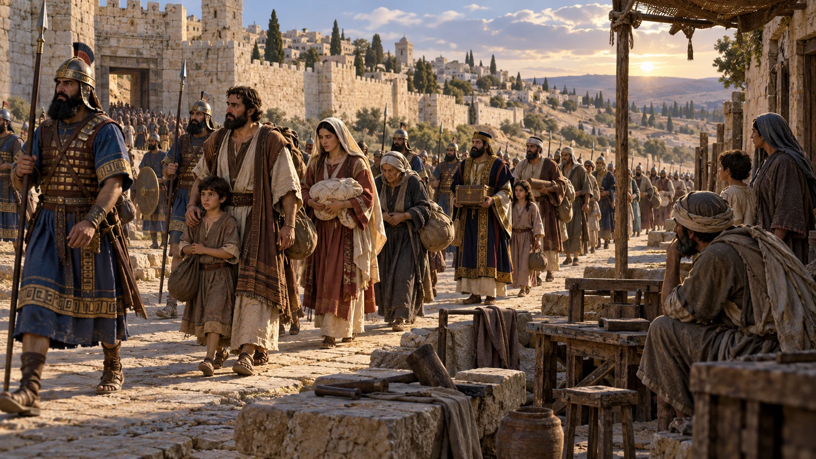 A long dignified column of Judahite families, officials, and craftsmen leaves Jerusalem under Babylonian escort while poor residents remain by empty workshops; no countable numbers or graphic abuse.