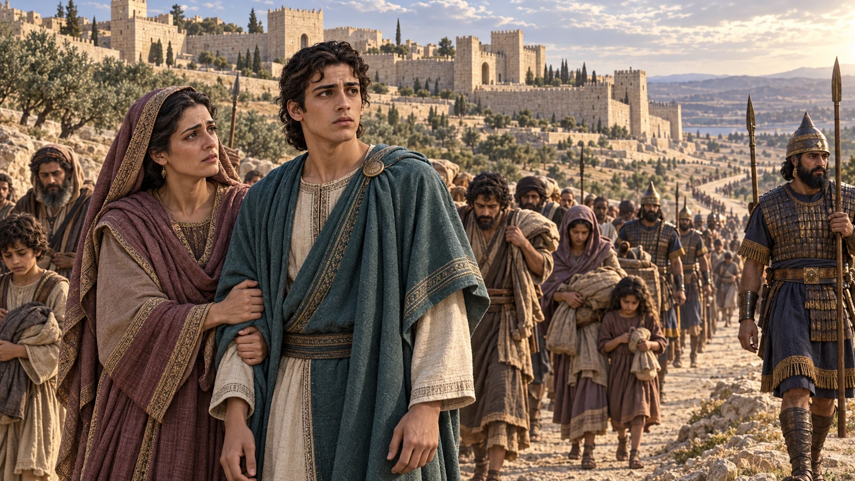Young Jehoiachin in muted teal and his mother Nehushta walk among exiled Judahite households toward a distant eastern road, Babylonian escorts nearby; intact Jerusalem recedes behind.