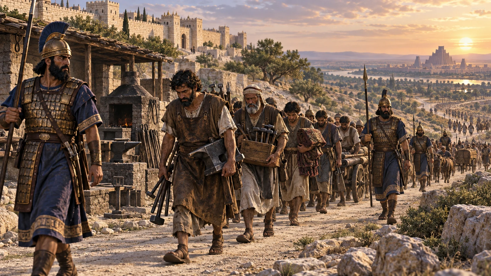 Babylonian escorts lead a long procession of Judahite veterans and artisans carrying tools away from emptied forges on the road east; broad scale, no readable counts or violence.