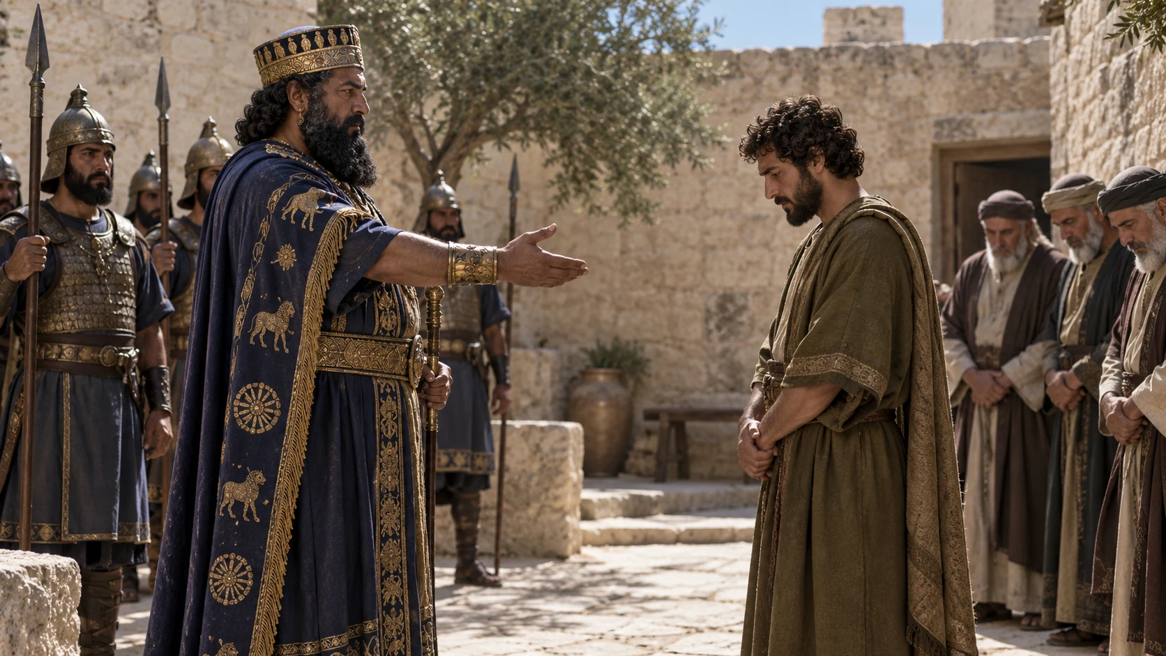 Outside a plain Jerusalem palace court, mature indigo-clad Nebuchadnezzar ceremonially appoints olive-brown-clad Mattaniah, now Zedekiah, before subdued Judahite elders; no young Jehoiachin present.