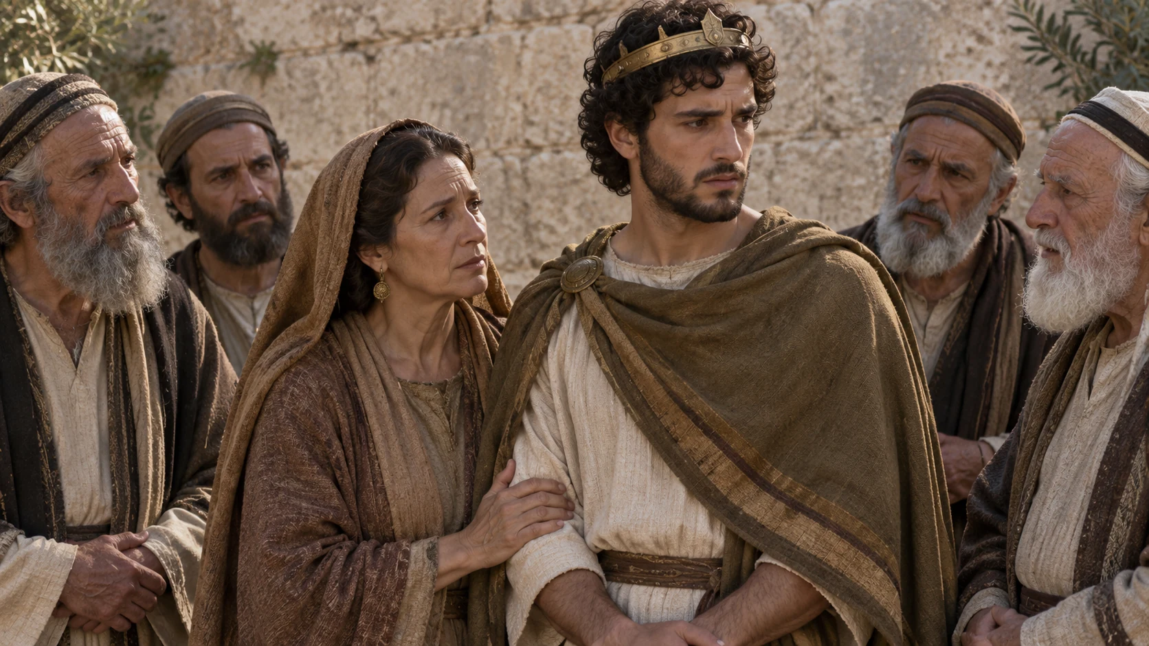Young olive-brown-clad Zedekiah stands with older mother Hamutal and wary Judahite elders in Jerusalem's plain court; the city and temple remain intact.