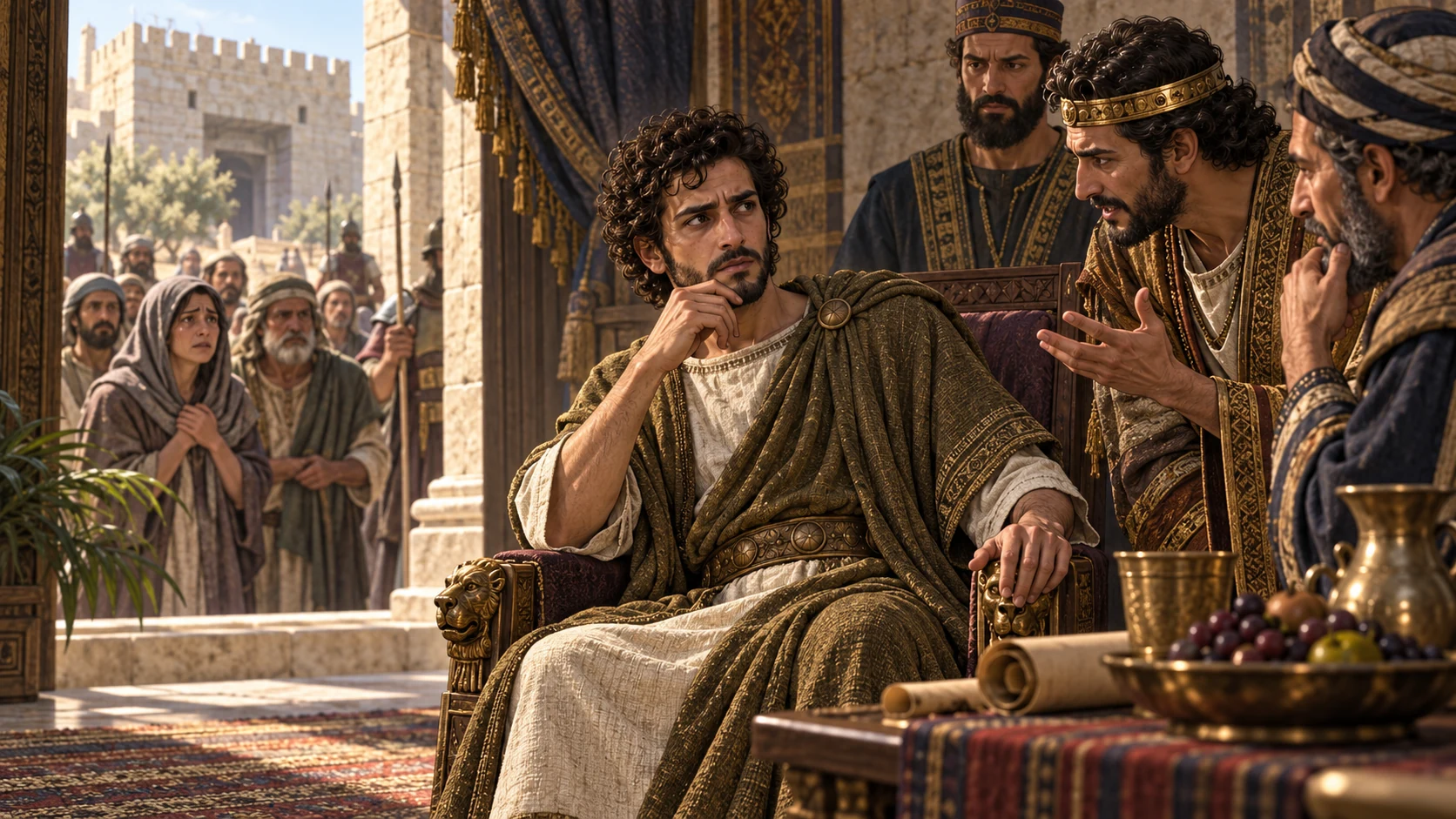Zedekiah in olive brown listens to self-serving courtiers while distressed ordinary people wait outside his Jerusalem chamber; avoid a specific invented crime.