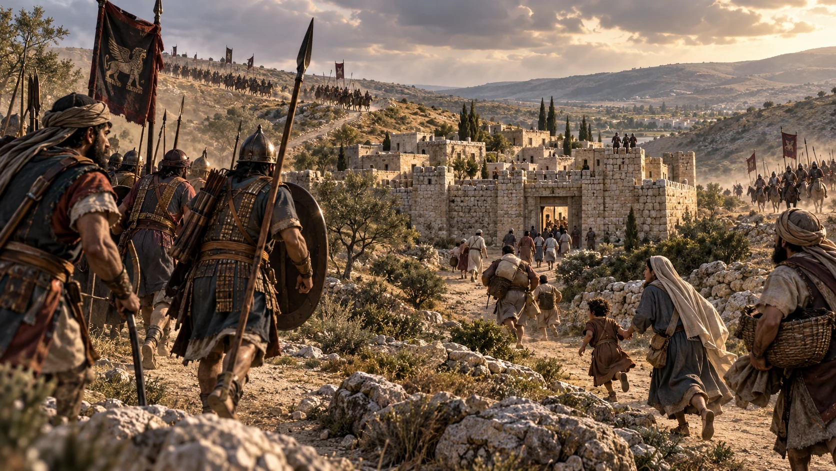 Across Judah's scrub hills, separate armed raiding bands approach a small walled town from different routes as villagers hurry to shelter; non-graphic, no destruction of Jerusalem.