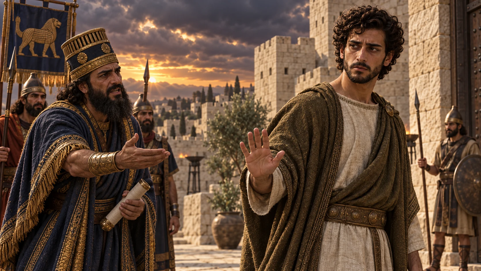 Zedekiah in olive brown quietly turns away a Babylonian envoy at Jerusalem's still-intact wall, the evening sky ominous; no later siege, breach, burning, or capture yet.