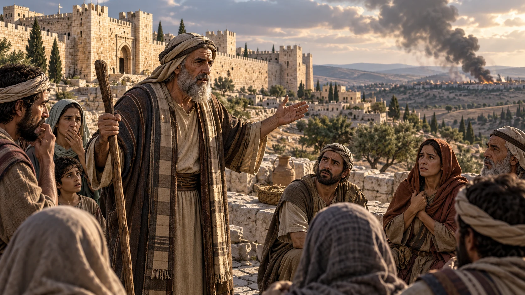 A sober Judahite elder addresses anxious townspeople beside intact Jerusalem walls while a raid's smoke rises far away; no living Manasseh or visible deity.