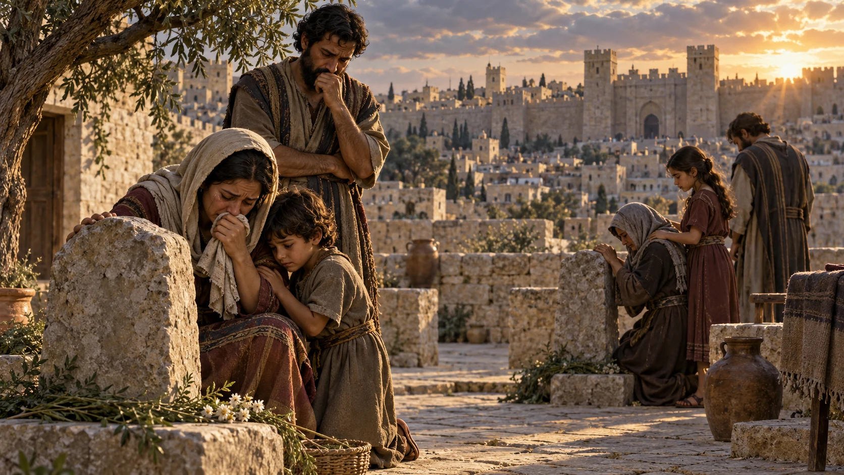 Ordinary families quietly mourn by simple unmarked memorial stones in a Jerusalem courtyard, with intact city behind them; no blood, bodies, or flashback murder.