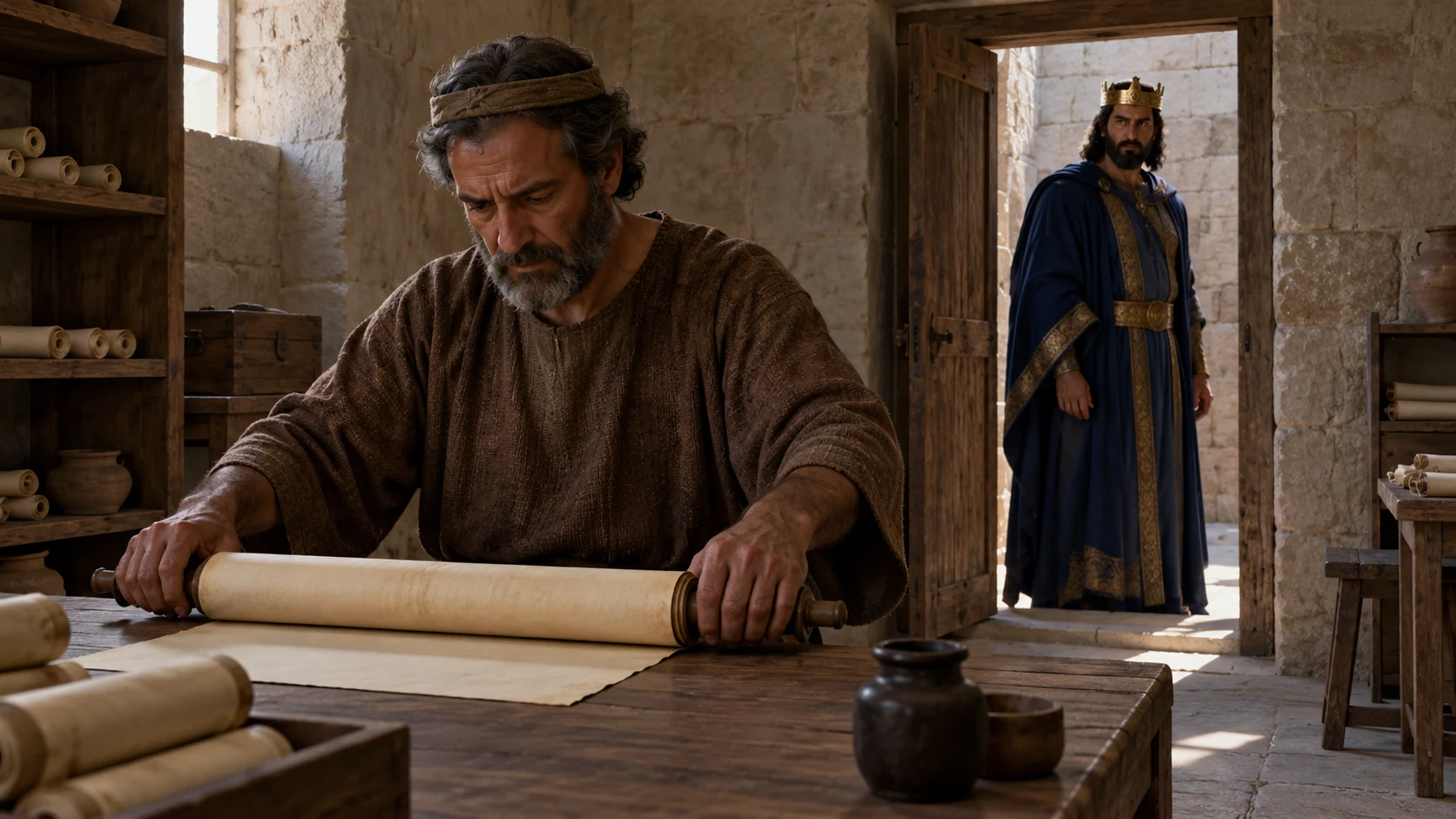 A Judahite scribe rolls a blank parchment scroll on a simple low wooden table while blue-clad Jehoiakim is seen indistinctly beyond an arch, marking the close of his reign; no codex or readable text.
