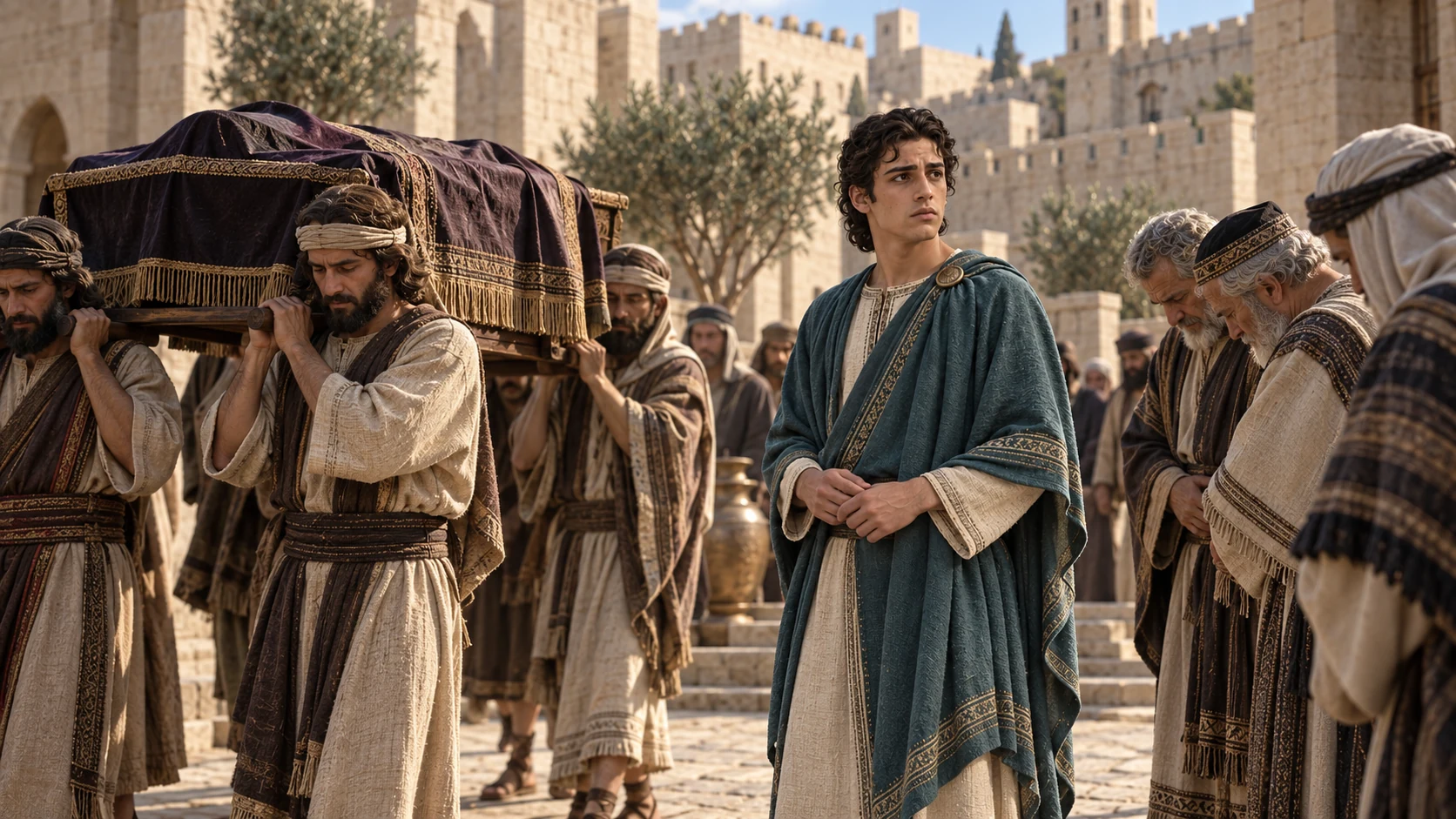 Respectful draped funeral bier for Jehoiakim moves through a Jerusalem courtyard while young clean-shaven Jehoiachin in muted teal accepts the elders' solemn acknowledgment; no living Jehoiakim.