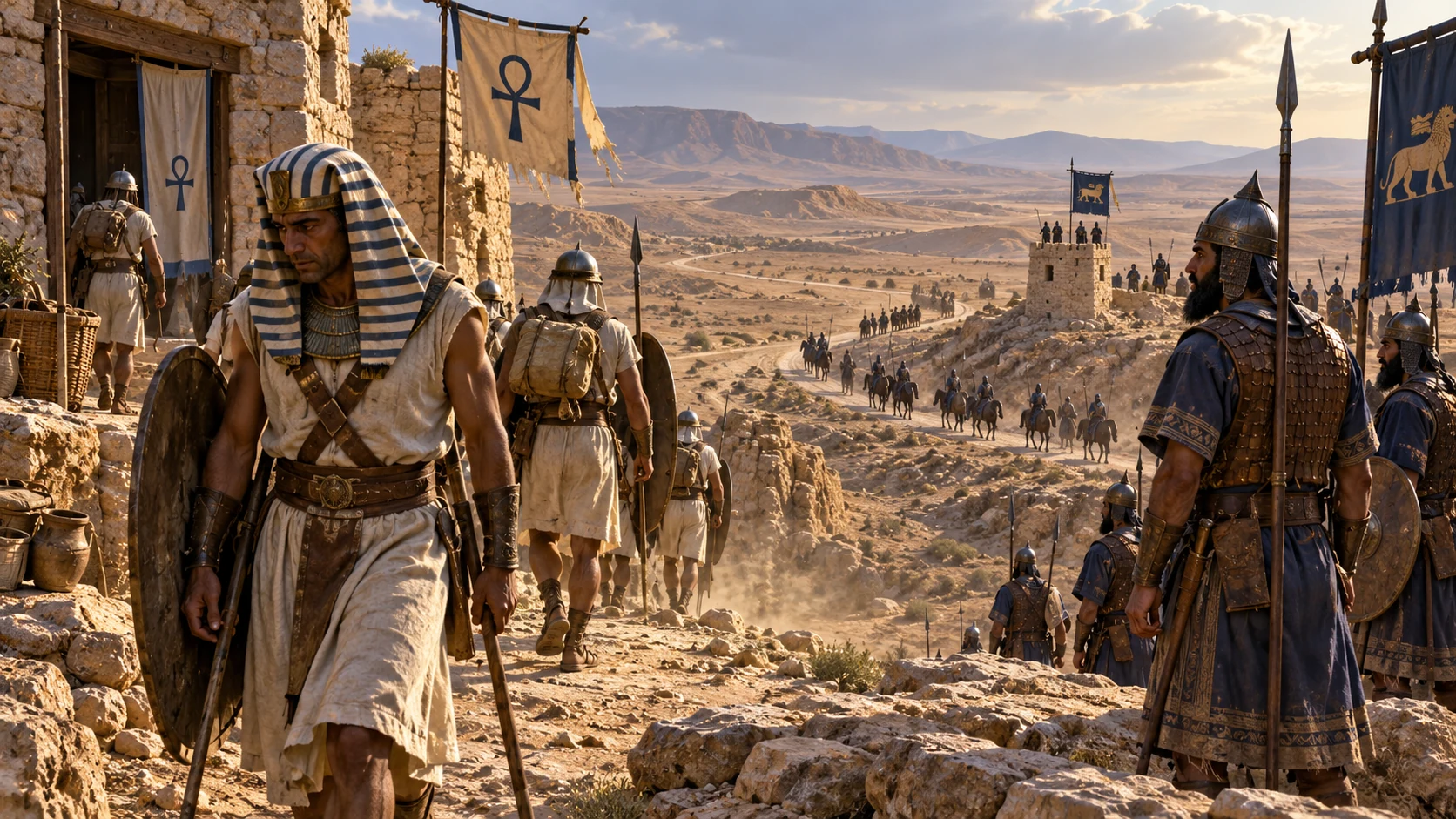 Egyptian border soldiers withdraw from a desert outpost as Babylonian patrols hold the distant route, showing changed control without a map, text, or Jerusalem battle.