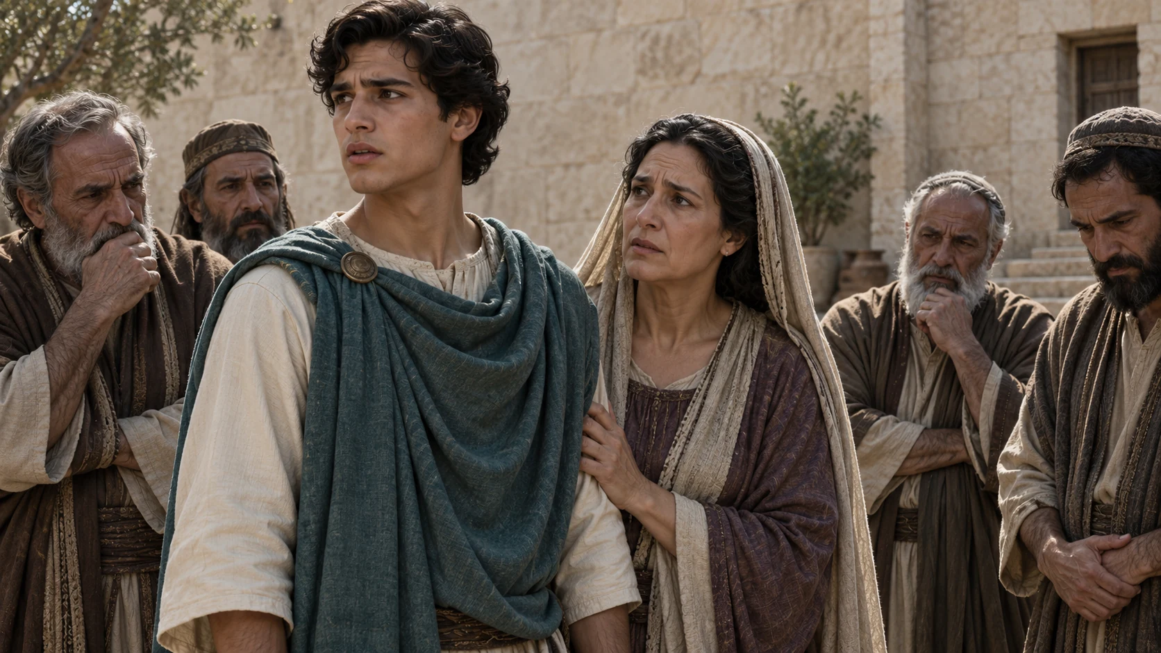 Jehoiachin in muted teal stands with dignified older mother Nehushta and Jerusalem elders in a plain palace courtyard, worried faces and an intact city.