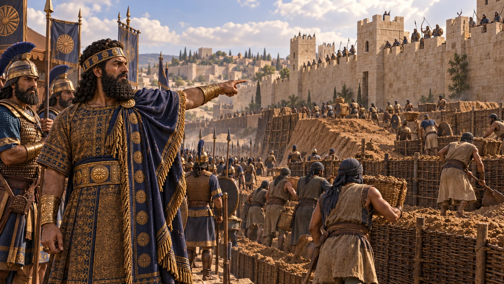 Mature Babylonian king Nebuchadnezzar directs soldiers building an earthen siege wall around intact Jerusalem; Judahite defenders watch from unbroken limestone ramparts.