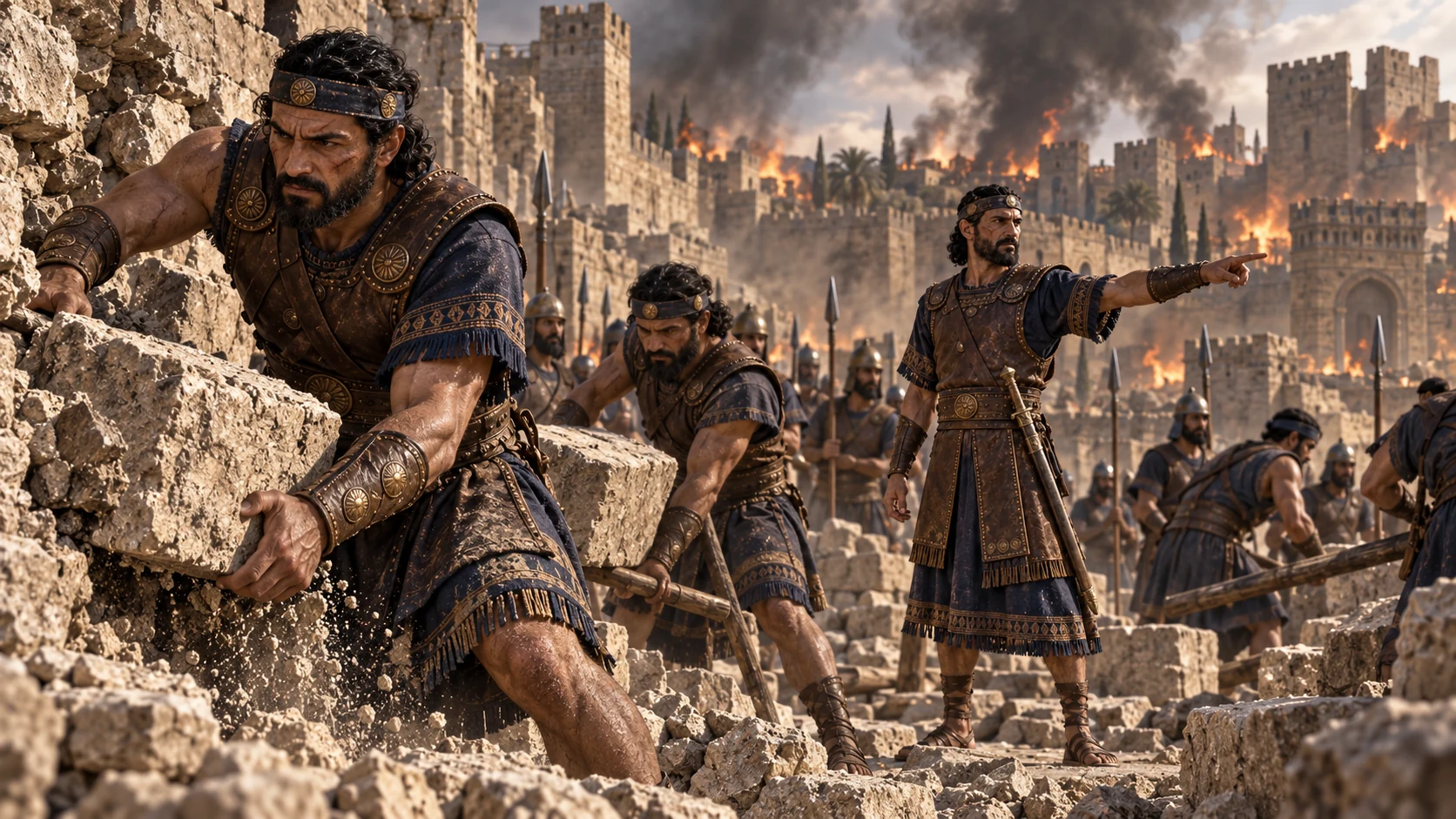 Babylonian soldiers pull blocks from a breached Jerusalem wall while smoke rises from the burned city behind, with Nebuzaradan directing at a distance; no gore.