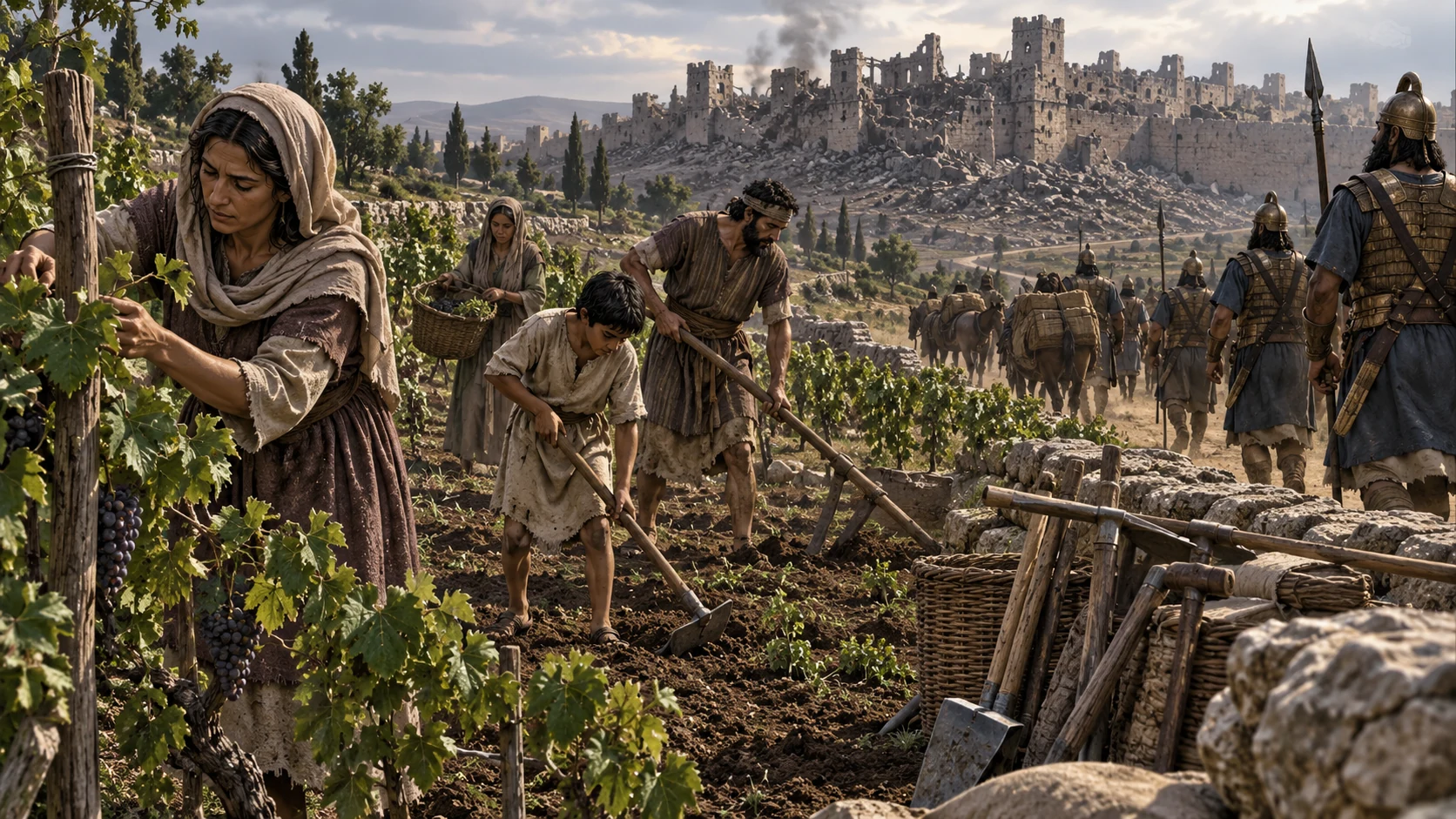 A few poor Judahite families receive farm tools and begin tending surviving vines and fields outside ruined Jerusalem while Babylonian guards move on; subdued daylight.