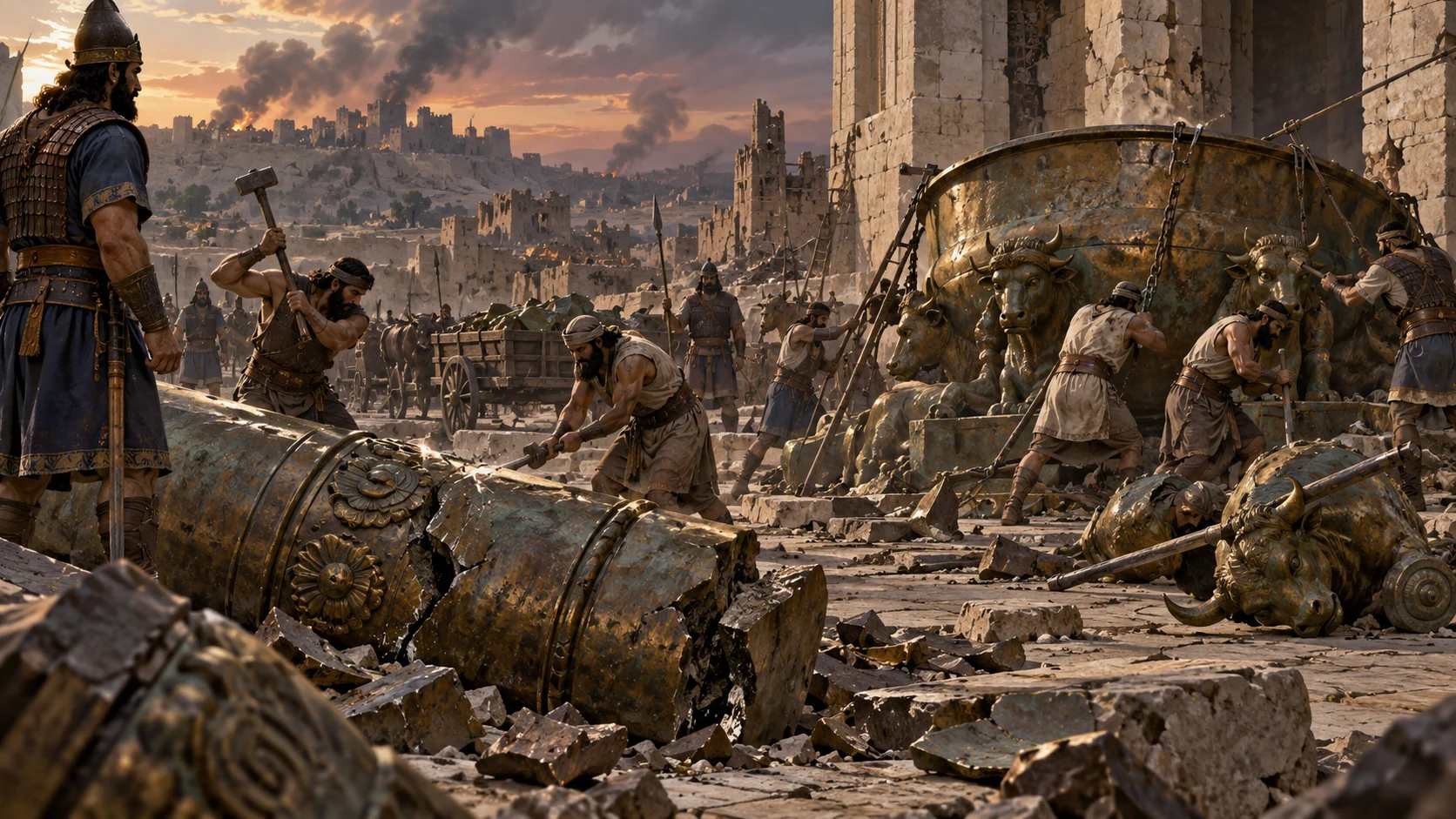 In the damaged but recognizable temple court, Babylonian workers break apart huge bronze pillar fragments, stands, and the basin called the Sea; no classical columns or intact restored sanctuary.