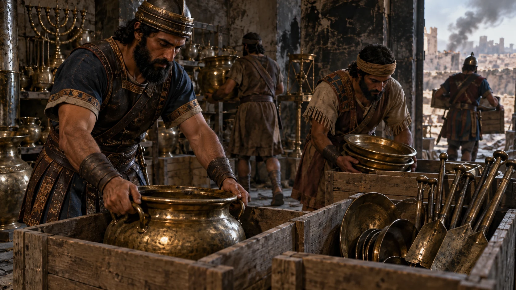 Close view of Babylonian workers placing bronze service pots, shovels, snuffers, and dishes in plain crates inside a smoke-marked temple storeroom, without writing or captions.