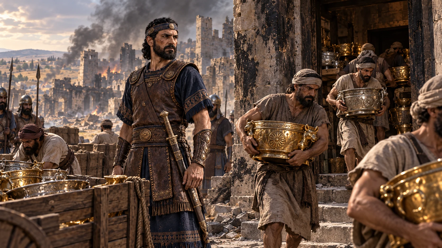 Nebuzaradan in practical indigo armor supervises carefully packed gold and silver firepans and bowls being carried from a smoke-marked Jerusalem storeroom; no fictional inscription.
