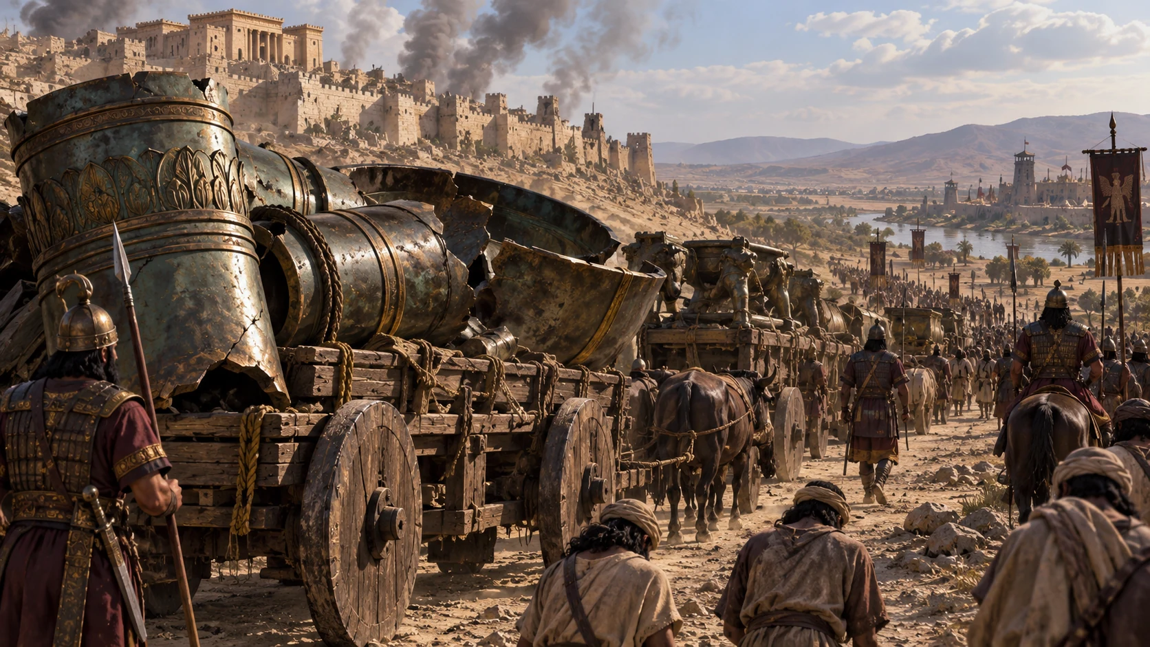 Wide view of heavy wagons laden with fragmented bronze pillars, basin pieces, and stands rolling away from Jerusalem, emphasizing their immense weight without visible numerical text.