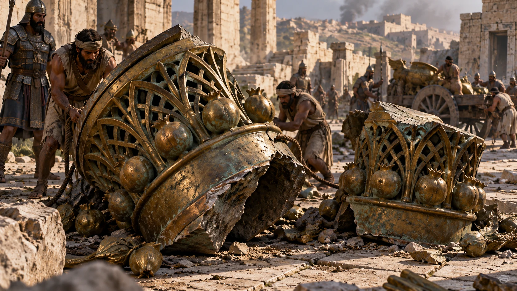 Close, accurate inventory view of a broken bronze capital showing latticework and pomegranate ornaments beside a second matching capital fragment, both on the ground of a damaged temple court; no intact columns standing.