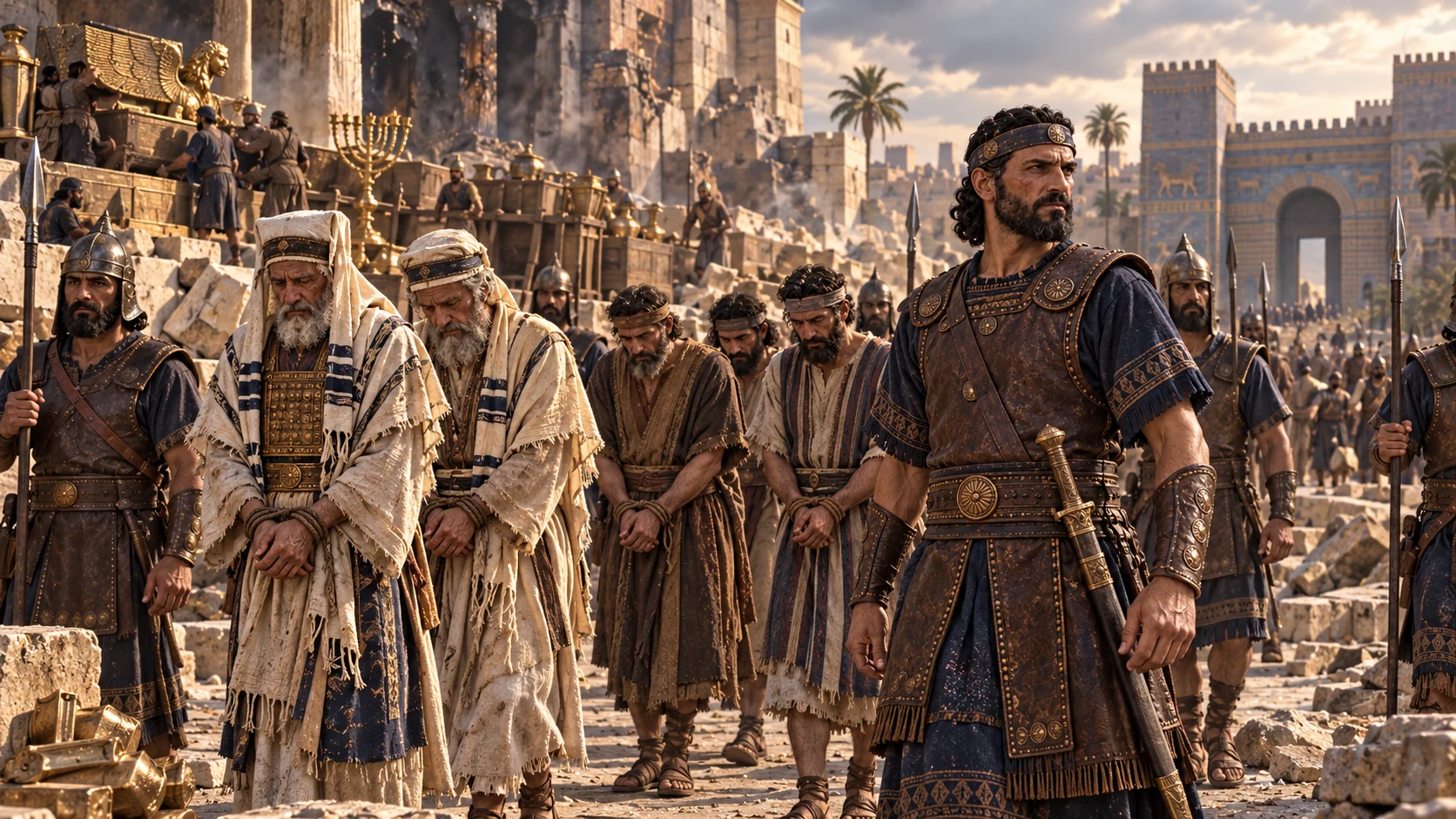 Nebuzaradan's guards escort two older Judahite priests and three temple gatekeepers from the ruined but no longer flaming temple precinct; non-graphic, no misidentification as Hilkiah.