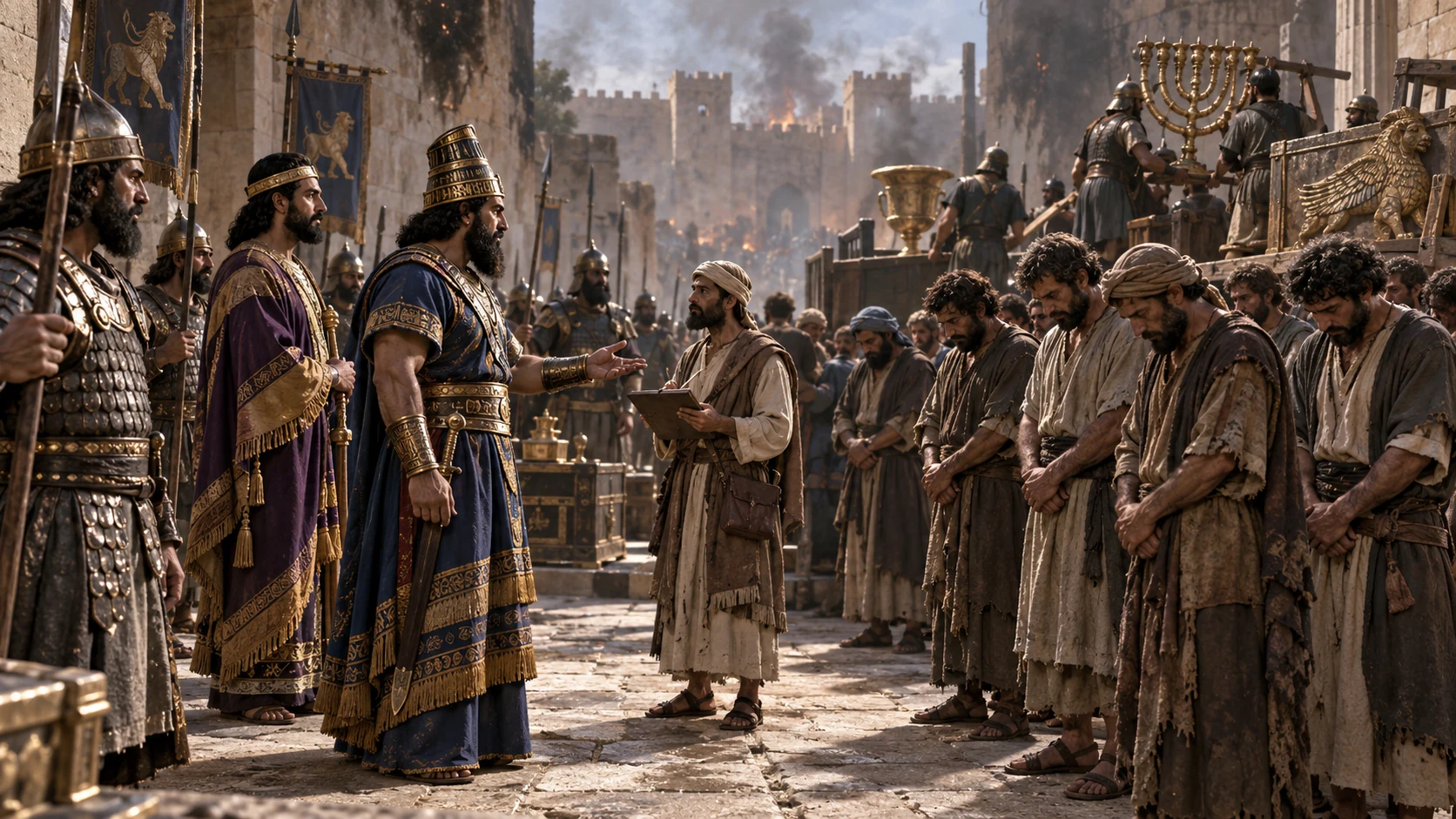 In a smoke-stained Jerusalem courtyard, Babylonian guards gather an army official, royal attendants, a humble scribe, and a larger group of Judahite men; no exact count shown or readable scroll.