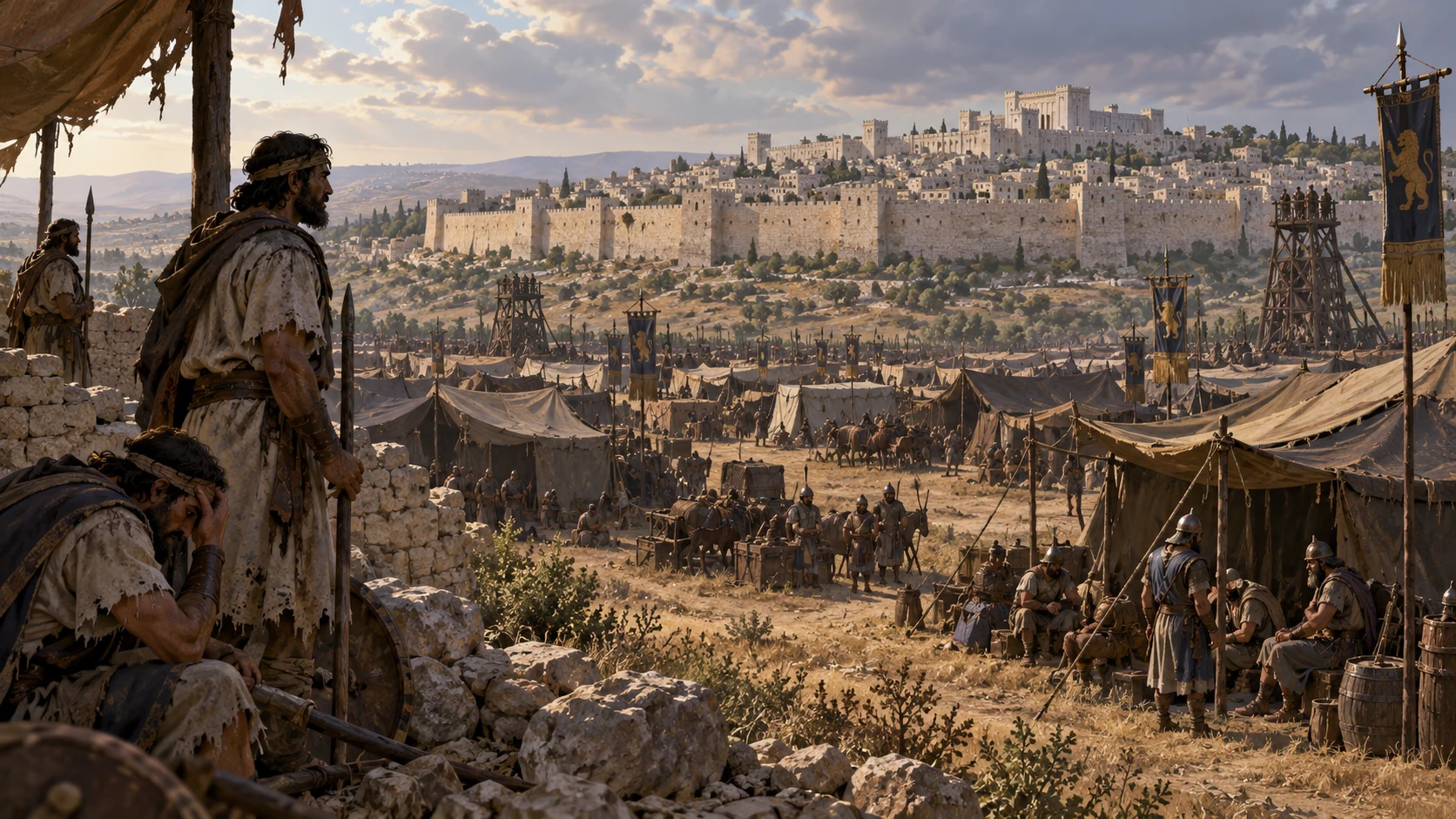 A long view of intact Jerusalem behind a settled Babylonian siege camp, with weathered tents and exhausted Judahite guards signaling a passage of years; no fire or breach.