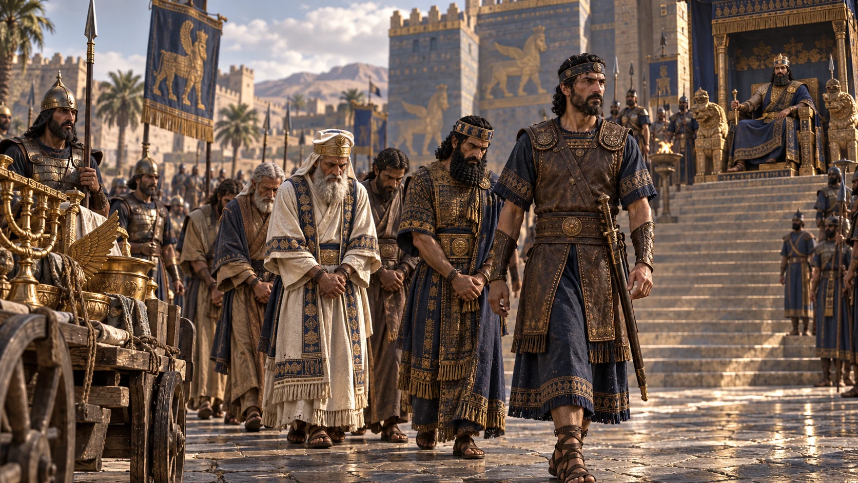Nebuzaradan leads a solemn escorted line of Judahite priests and officials into a distant military court at Riblah where Nebuchadnezzar waits; no execution shown yet.