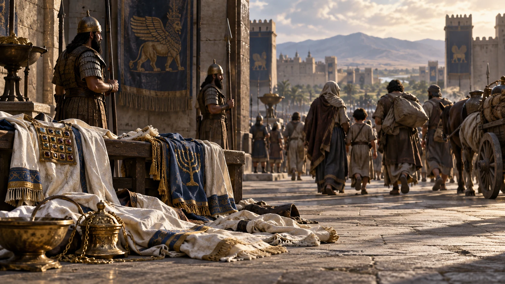 Non-graphic aftermath in a distant Riblah military courtyard: empty priestly cloaks and draped forms lie beyond guards while exiles depart toward Babylon; no blood, wounds, or attack.