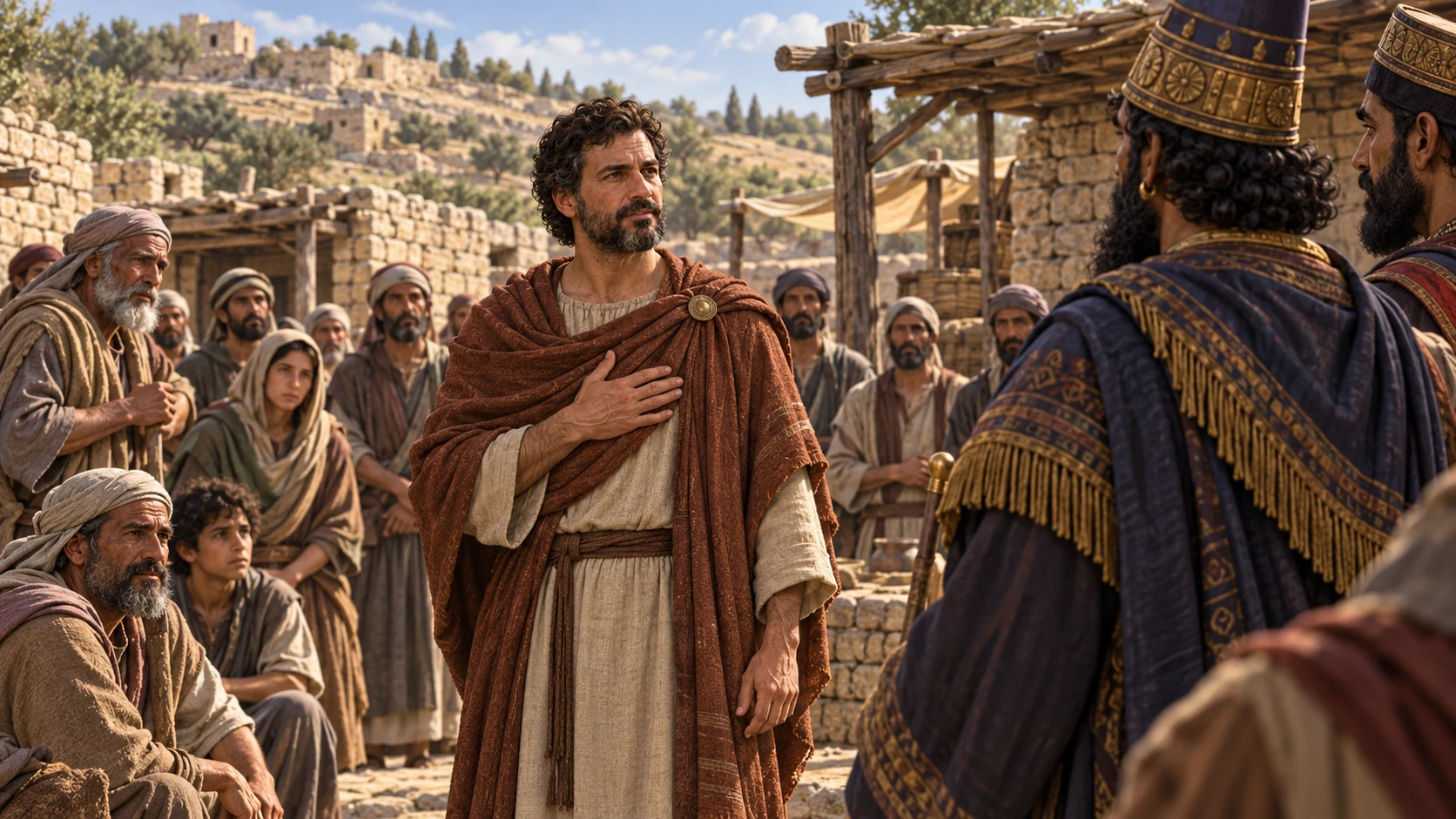 In rustic Mizpah, brown-clad Gedaliah accepts responsibility before Babylonian envoys and remaining Judahite farmers, plain stone and timber buildings, no throne or palace.