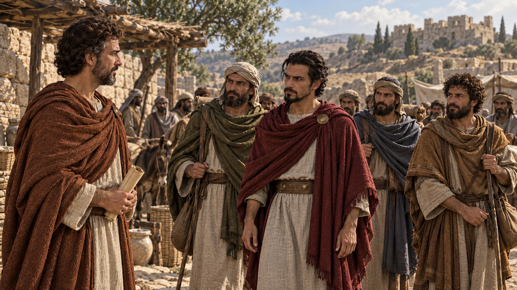 At Mizpah, Gedaliah in russet-brown receives four distinct returning Judahite commanders, including wine-red-clad Ishmael, with their small groups behind; no weapons raised.