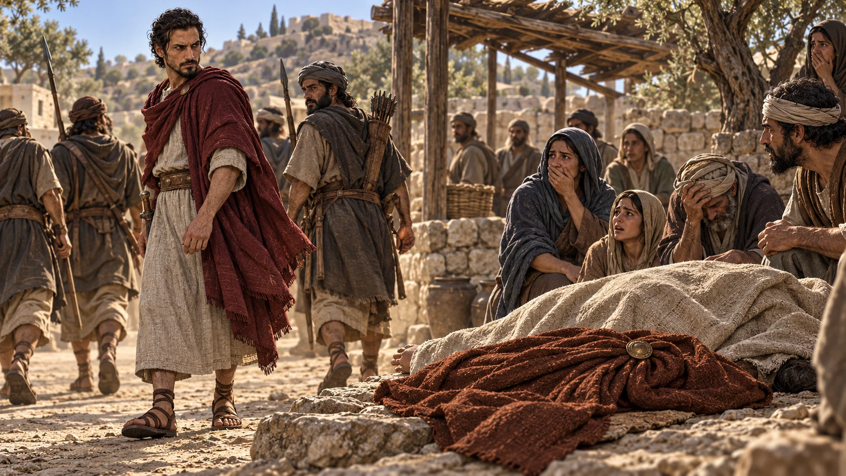 Non-graphic aftermath at Mizpah: wine-red-clad Ishmael and a small armed group depart, while Gedaliah's russet-brown mantle lies beside a covered fallen figure and shocked survivors; no stabbing or blood.