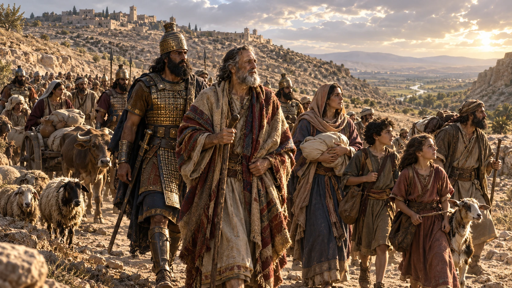 A broad group of Judahite families and commanders travels south through a dry valley toward Egypt with bundles and livestock, leaving Mizpah behind; no Egyptian army or rebuilt Jerusalem.