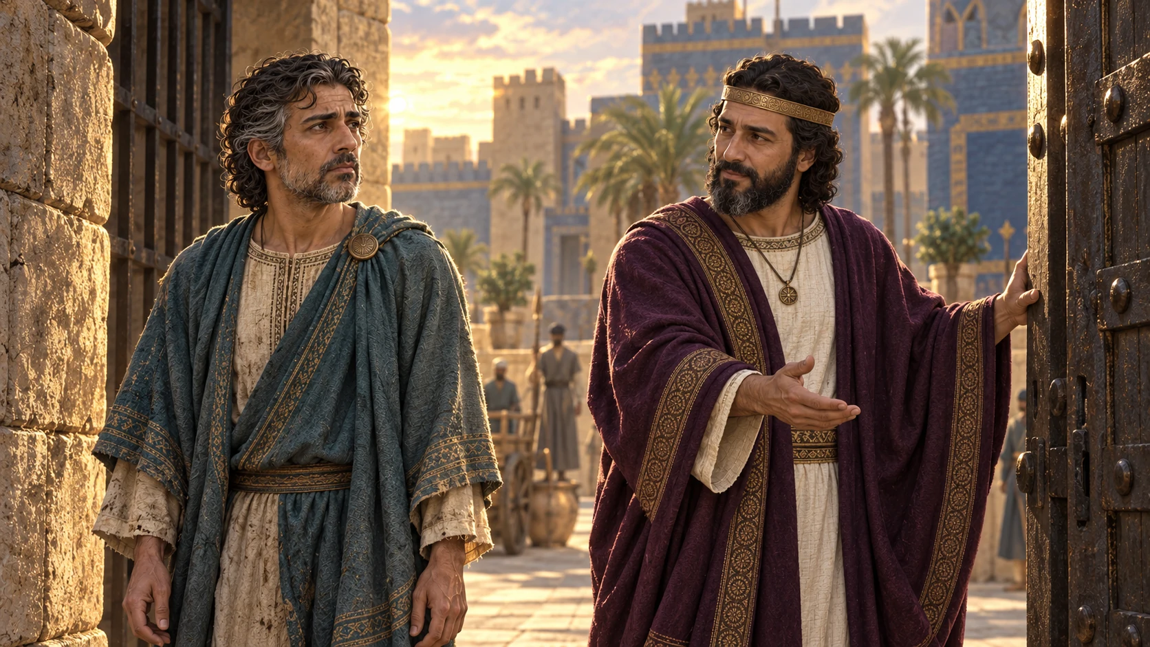 In Babylon decades later, aubergine-clad Evil-merodach opens a plain prison gate for graying older Jehoiachin in worn muted teal; same aged face as his youth, no younger duplicate.