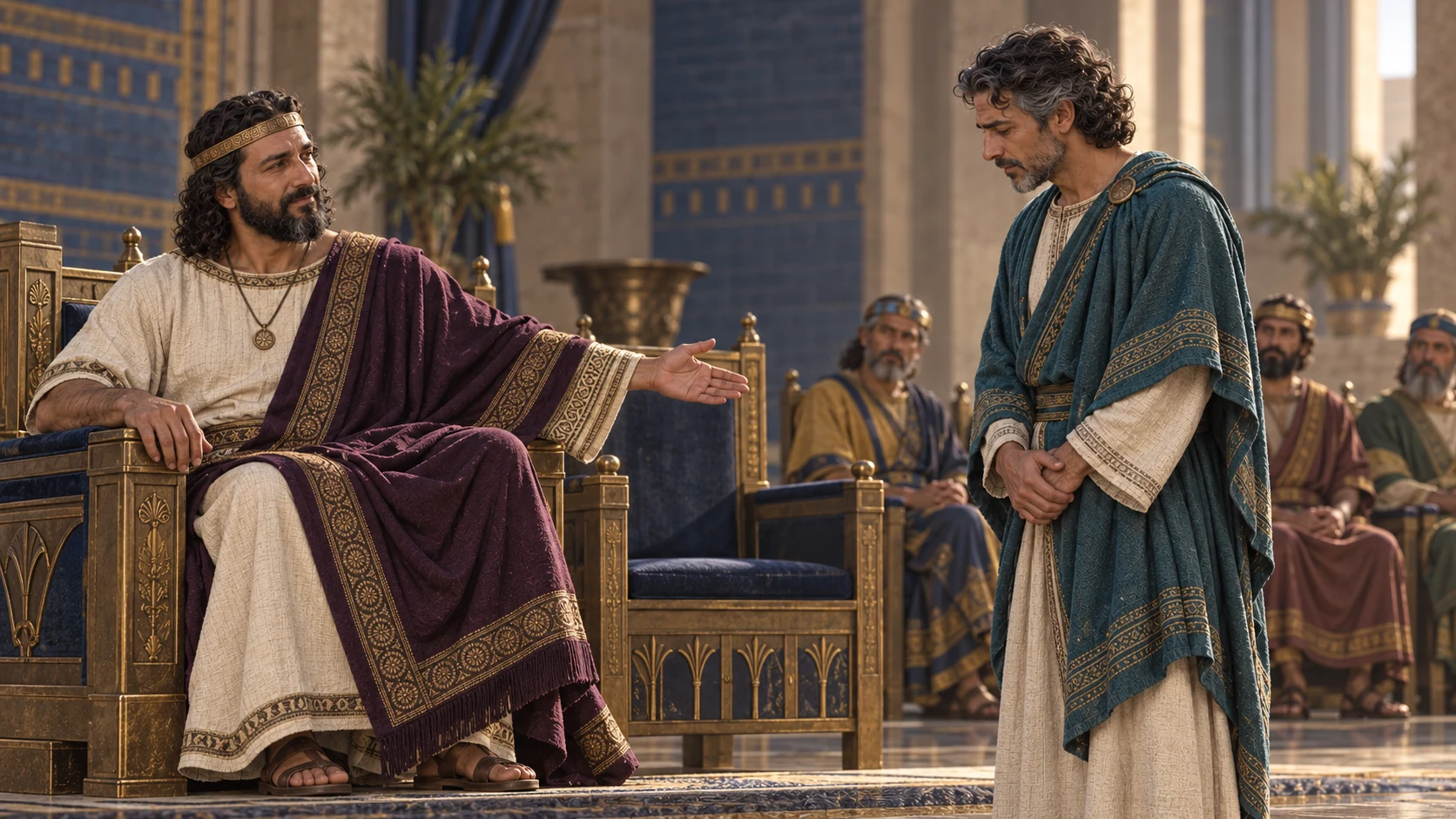 In a plain Babylonian audience hall, aubergine-clad Evil-merodach speaks to graying teal-clad Jehoiachin and offers him a dignified high seat among other dependent kings; distinct men, no crowns on Jehoiachin.