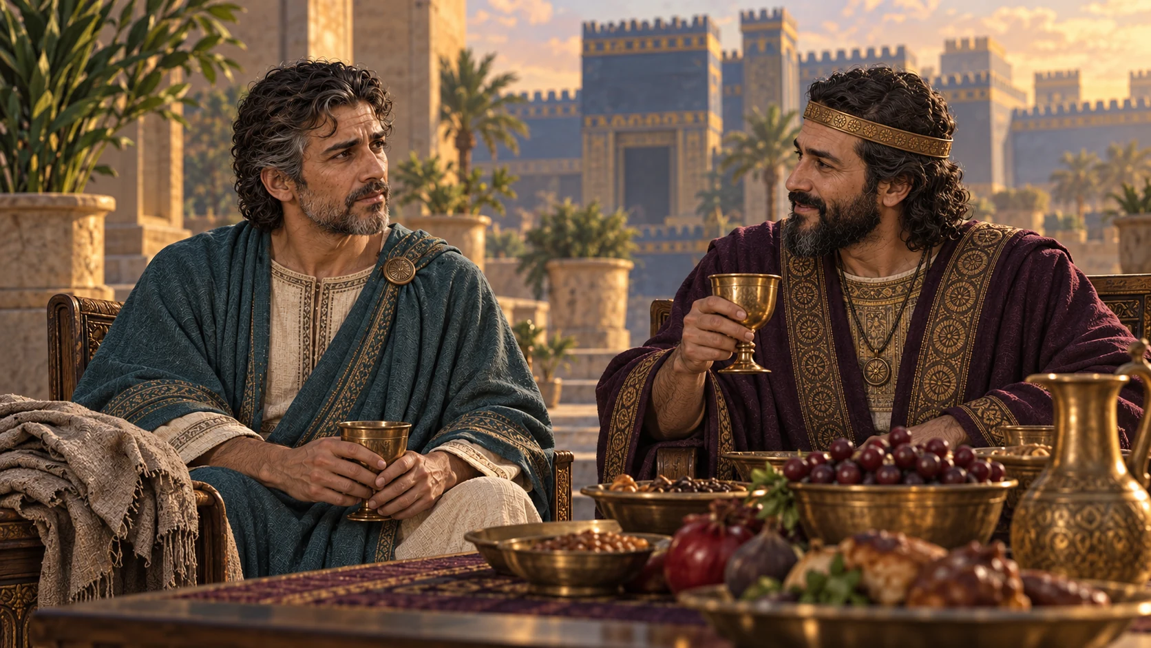 Older graying Jehoiachin in clean muted teal clothing sits at a modest Babylonian royal meal beside Evil-merodach in aubergine; folded worn prison garments rest aside, no younger Jehoiachin.