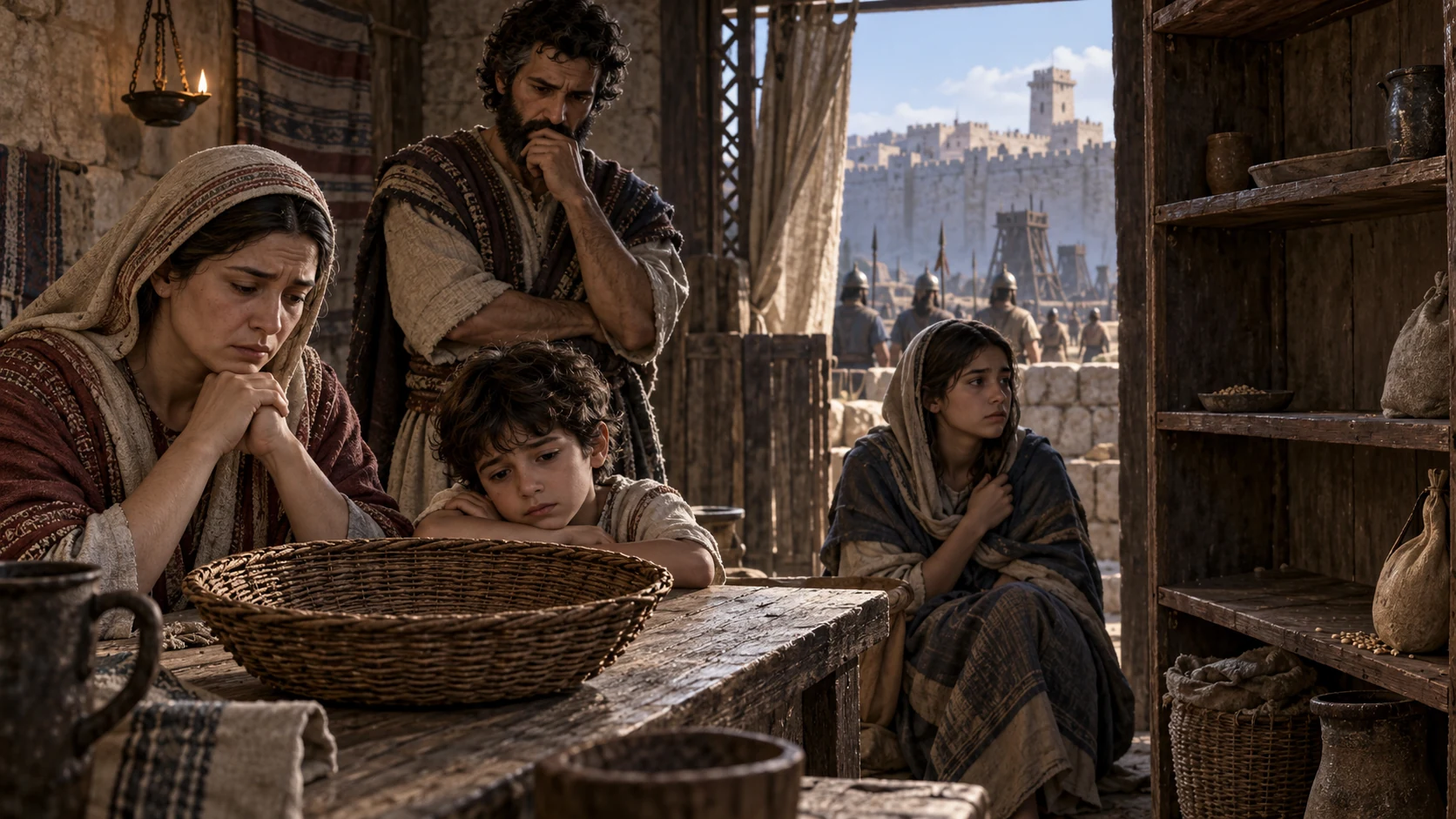 Inside intact Jerusalem, ordinary families wait quietly by an empty bread basket and nearly bare storeroom; pale tired faces, no graphic suffering.