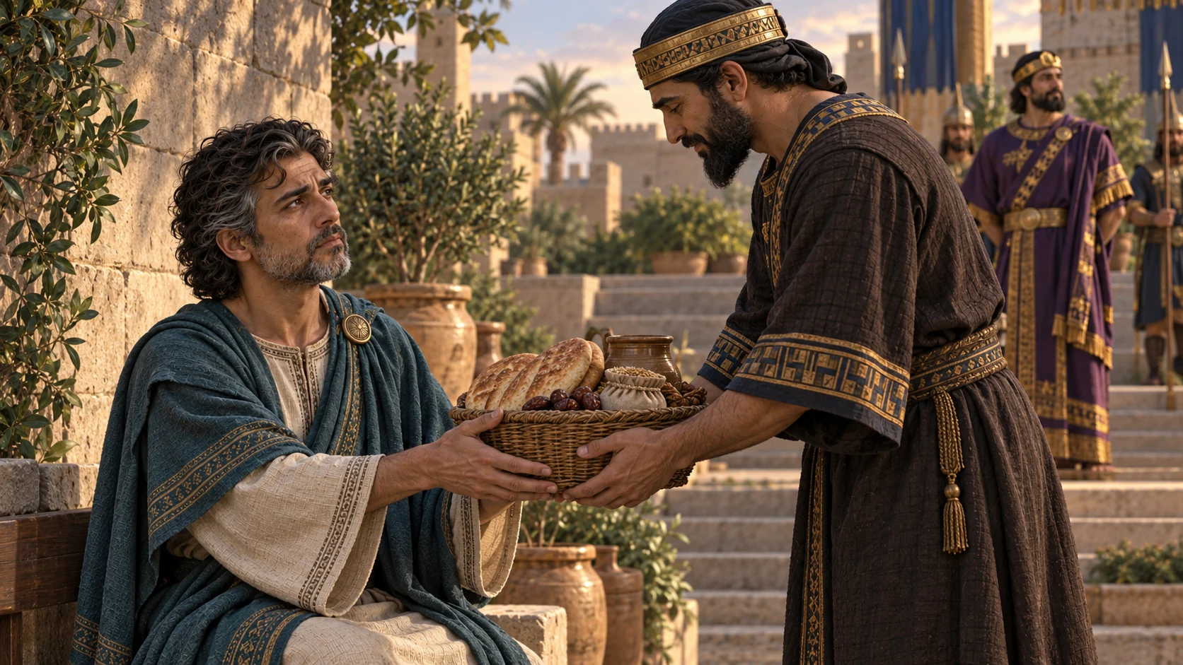 A Babylonian steward respectfully gives older graying Jehoiachin a daily basket of bread and provisions in a quiet courtyard, Evil-merodach's aubergine mantle distant in background; a calm closing scene.