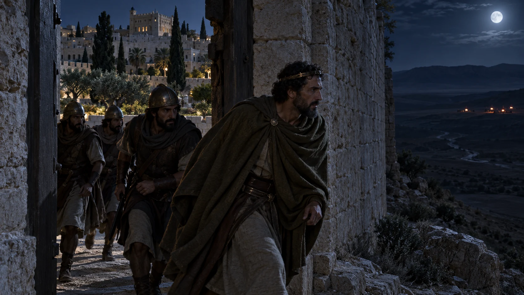 At night by the king's garden, olive-brown-clad Zedekiah and a few Judahite soldiers pass through a newly breached narrow gate between two limestone walls; Babylonian campfires remain outside, no burning city yet.