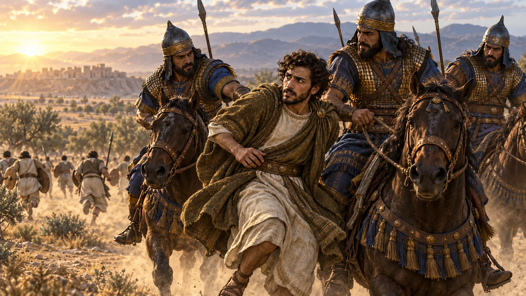 On the open Jericho plain at dawn, Babylonian horsemen surround the fleeing olive-brown-clad Zedekiah while scattered Judahite soldiers run into the distance; non-graphic capture.
