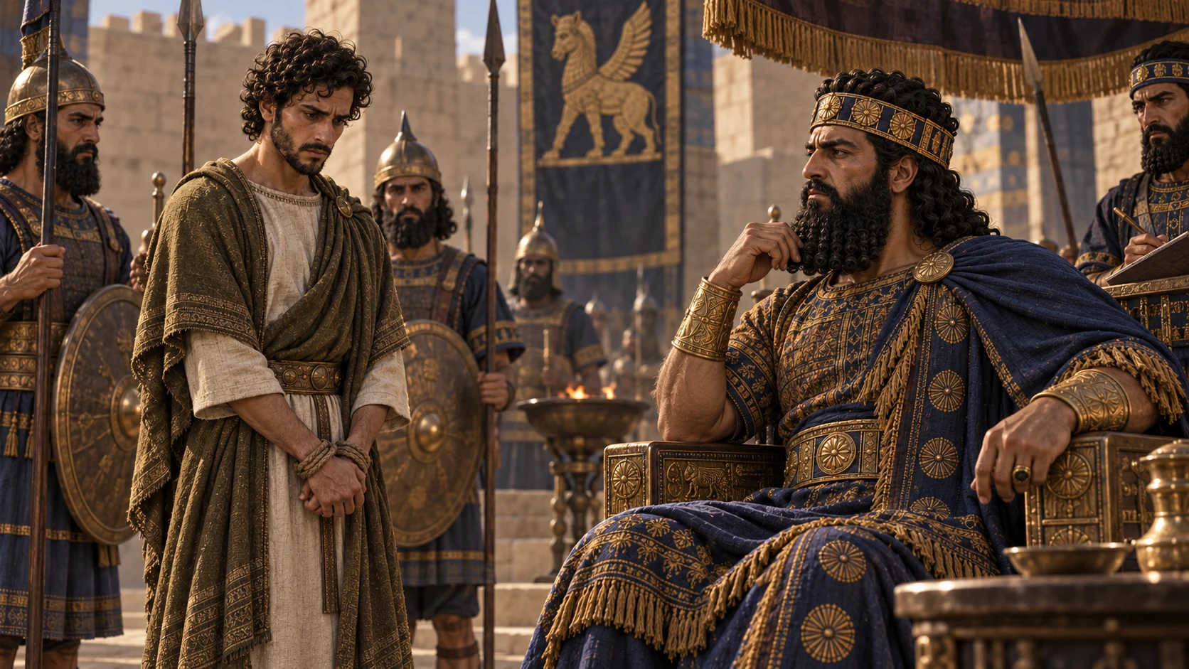 In an austere Riblah military court, bound olive-brown-clad Zedekiah stands before mature Nebuchadnezzar in indigo and bronze, with guards and a solemn judgment, no Jerusalem skyline.