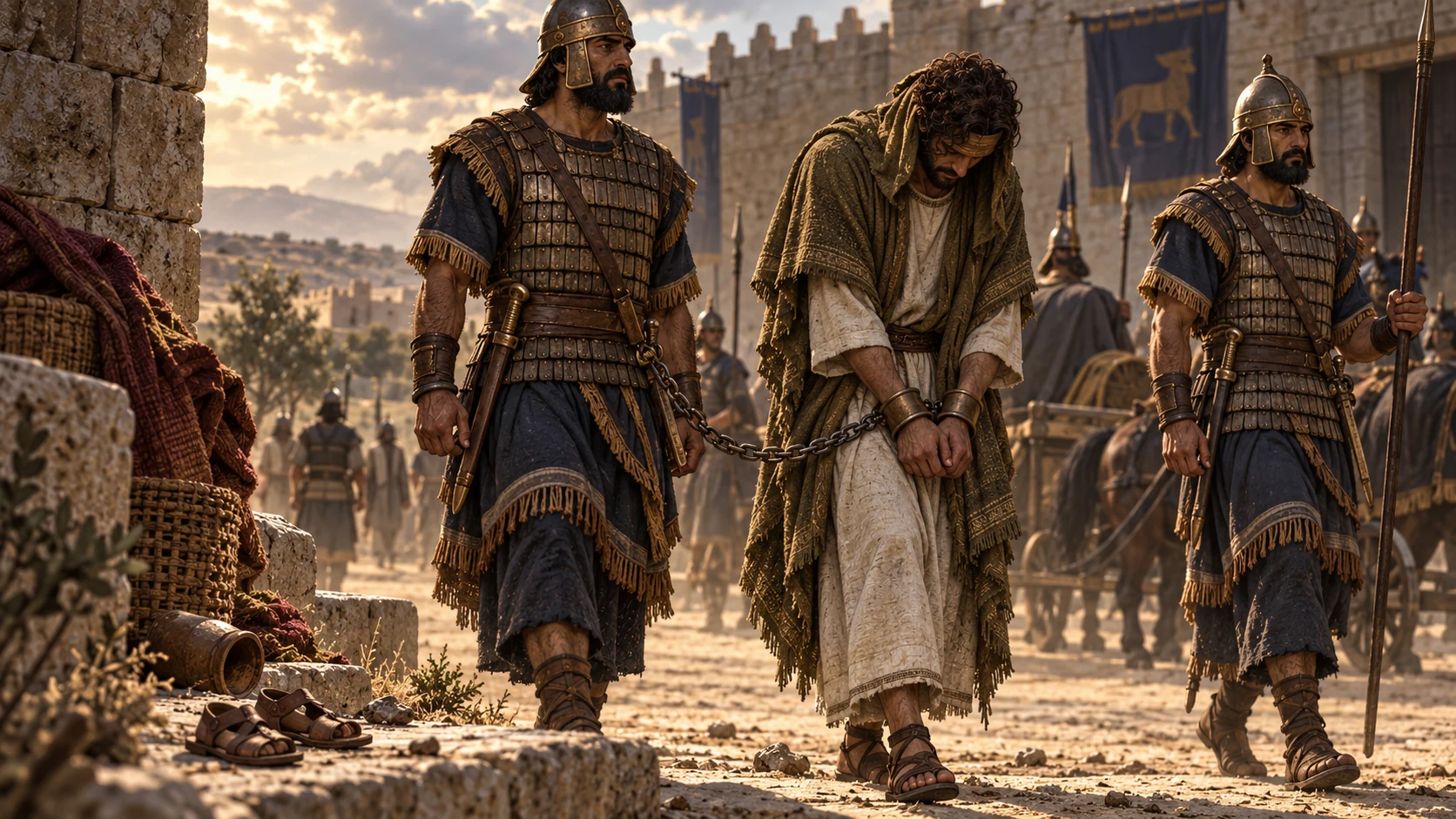 Non-graphic aftermath at Riblah: Zedekiah, head lowered with face and eyes obscured by shadow and cloth, walks with bronze-bound hands under guard; small abandoned children's sandals at the edge suggest loss, with no visible wounds or killing.