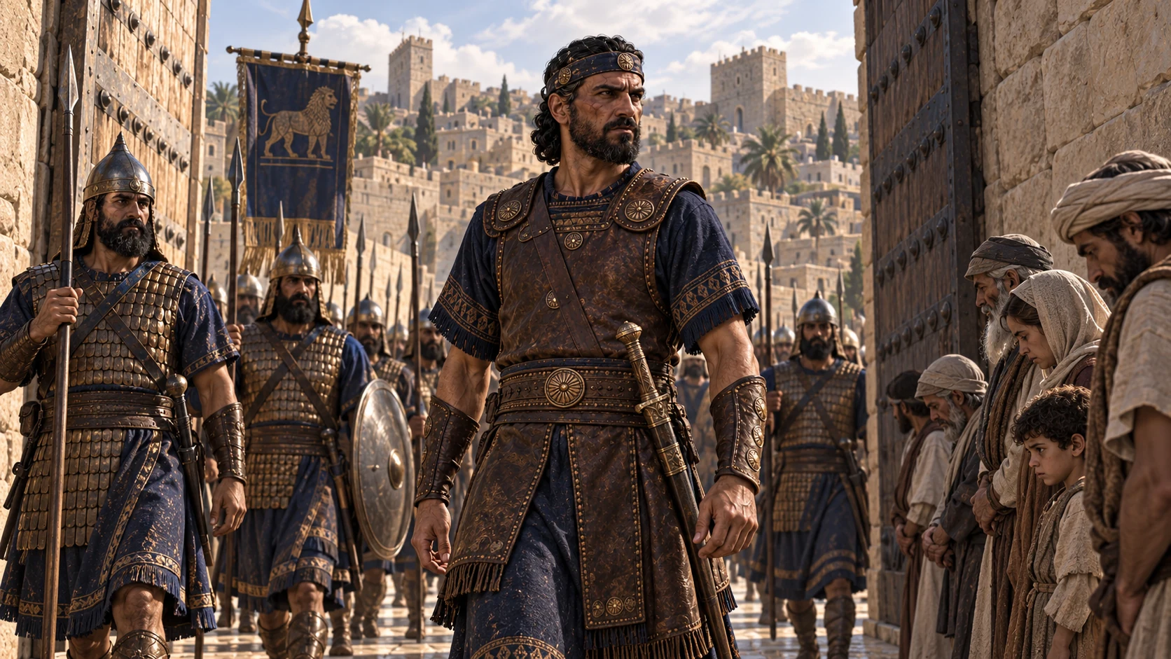 Babylonian guard captain Nebuzaradan in practical indigo leather armor enters captured but still intact Jerusalem through a plain limestone gate; troops follow, no fires yet.