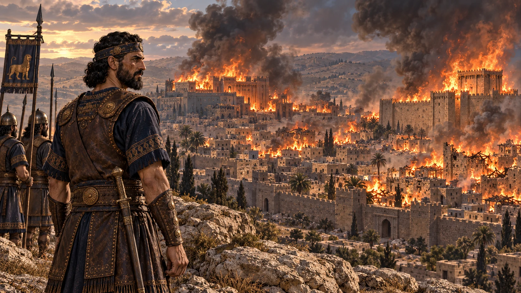 From a hillside, Nebuzaradan watches separate fires engulf the ancient timber-and-limestone Jerusalem sanctuary, the palace, and city houses; no Greek or Roman temple facade, no people in flames.