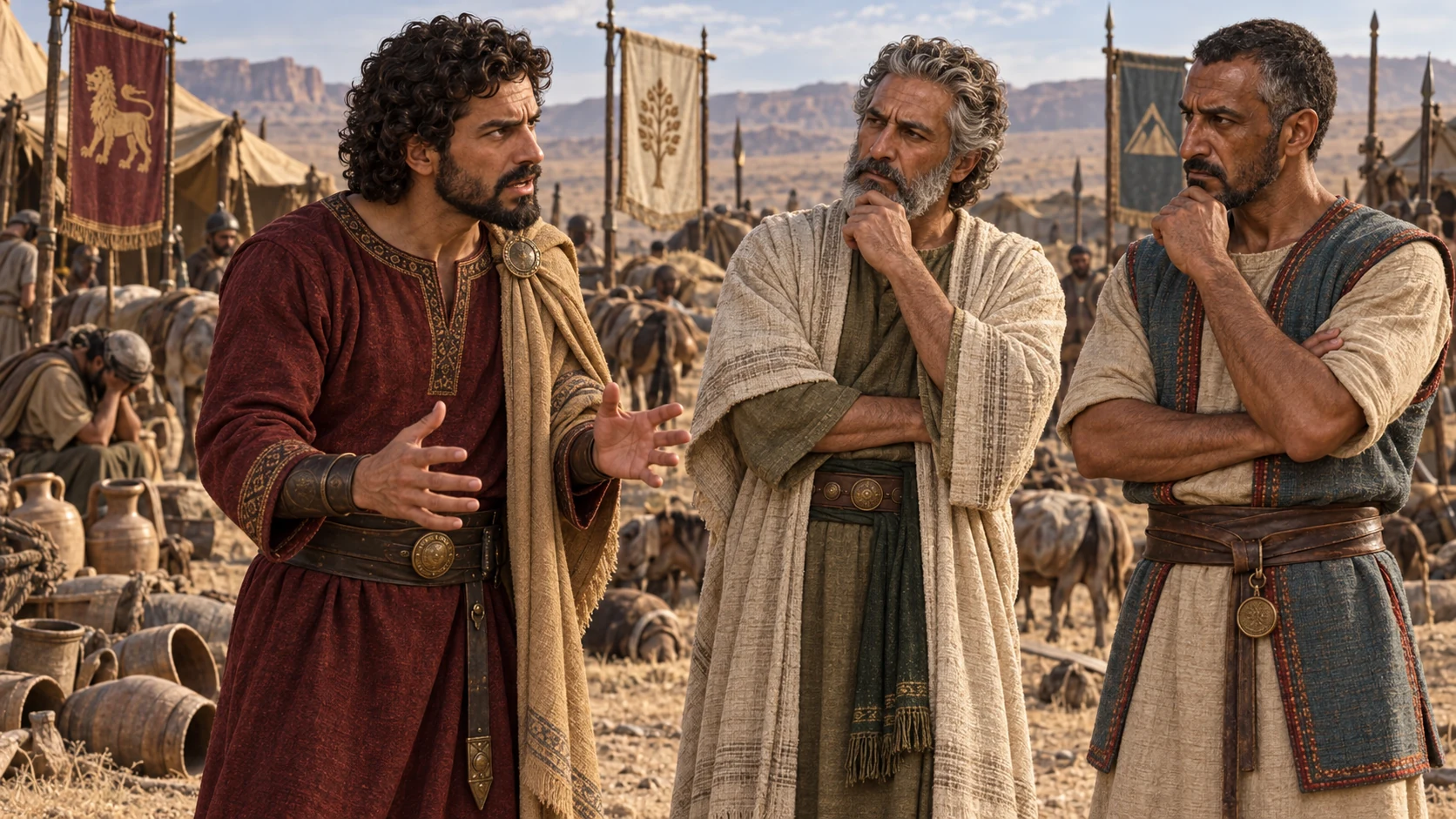 Jehoram speaks anxiously amid the dry camp; the other kings listen.