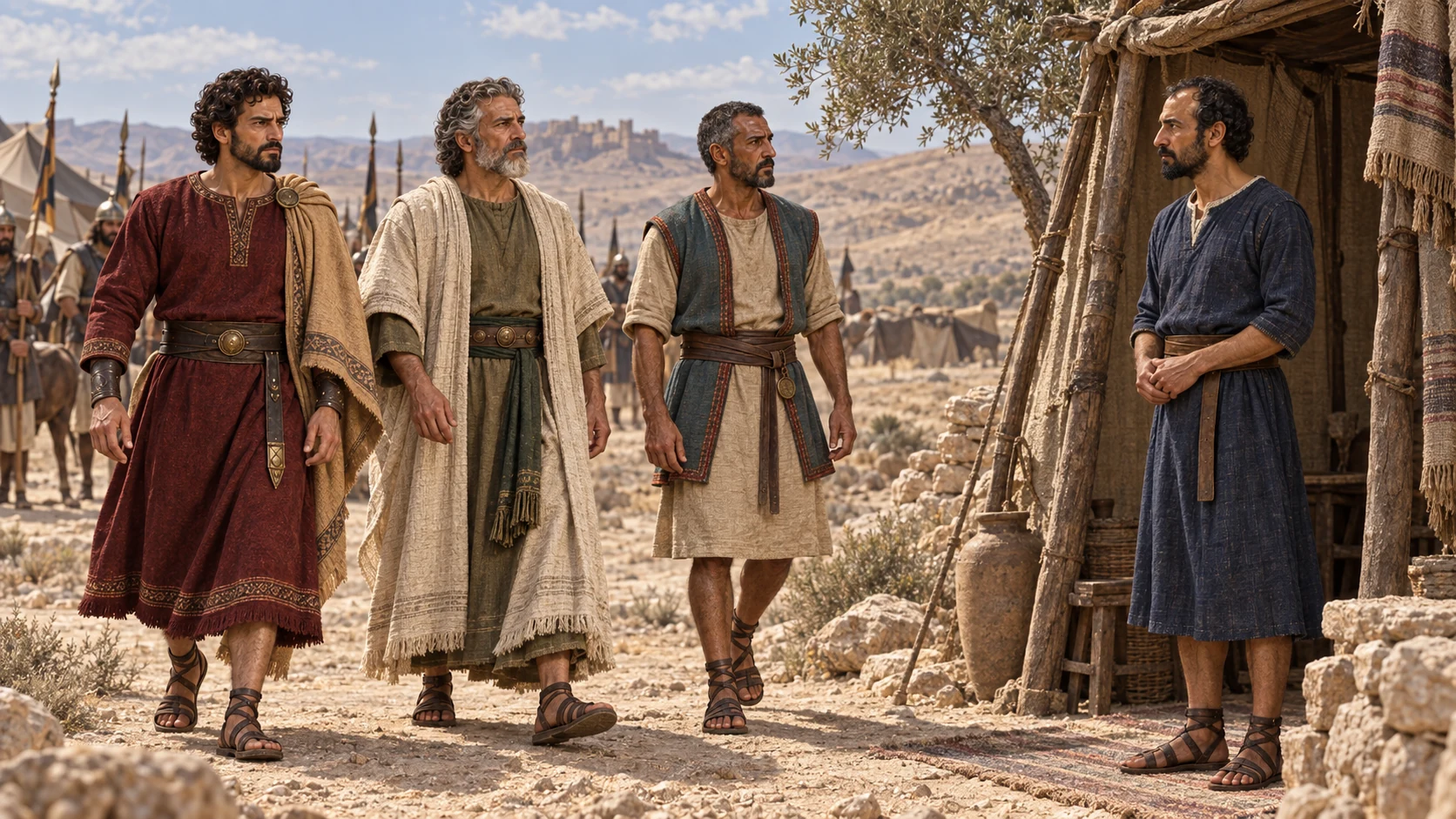 Jehoram, Jehoshaphat, and Edom's unnamed king approach Elisha's modest quarters.