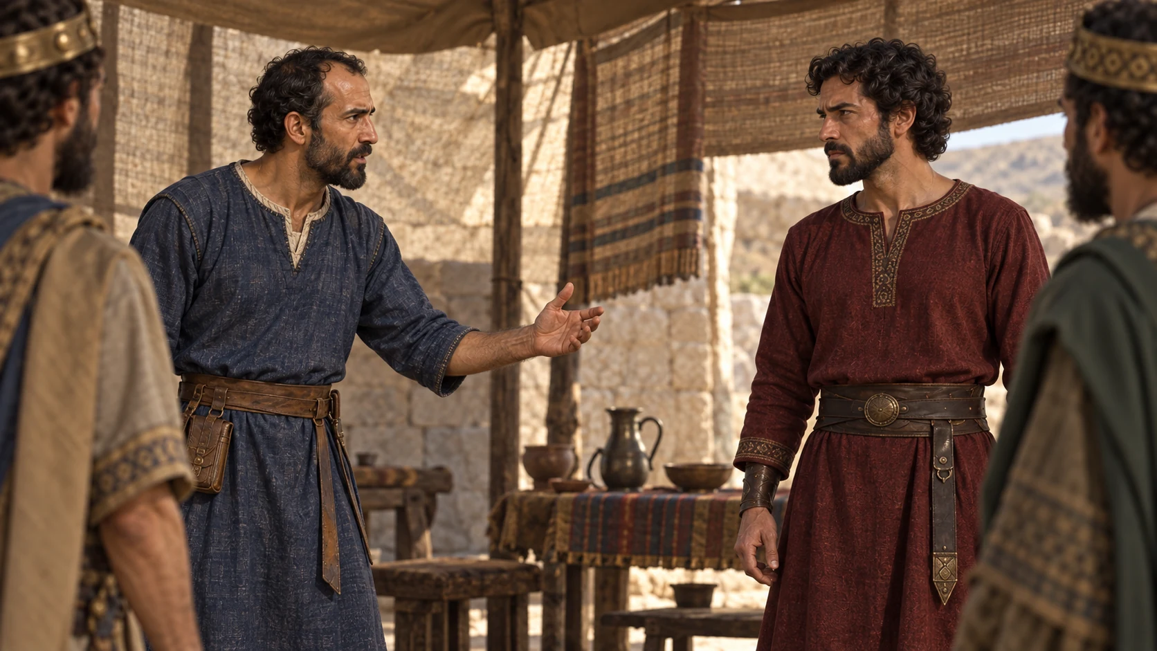 Elisha directly addresses Jehoram; Jehoshaphat and Edom's king stand back.