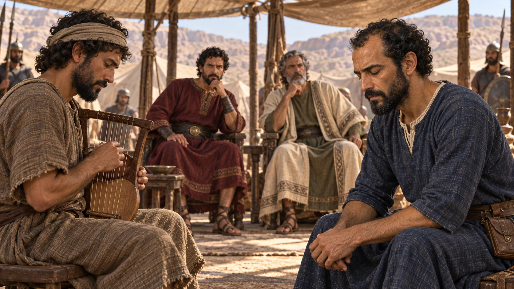 An ordinary musician plays near Elisha and the kings; no visible divine figure.