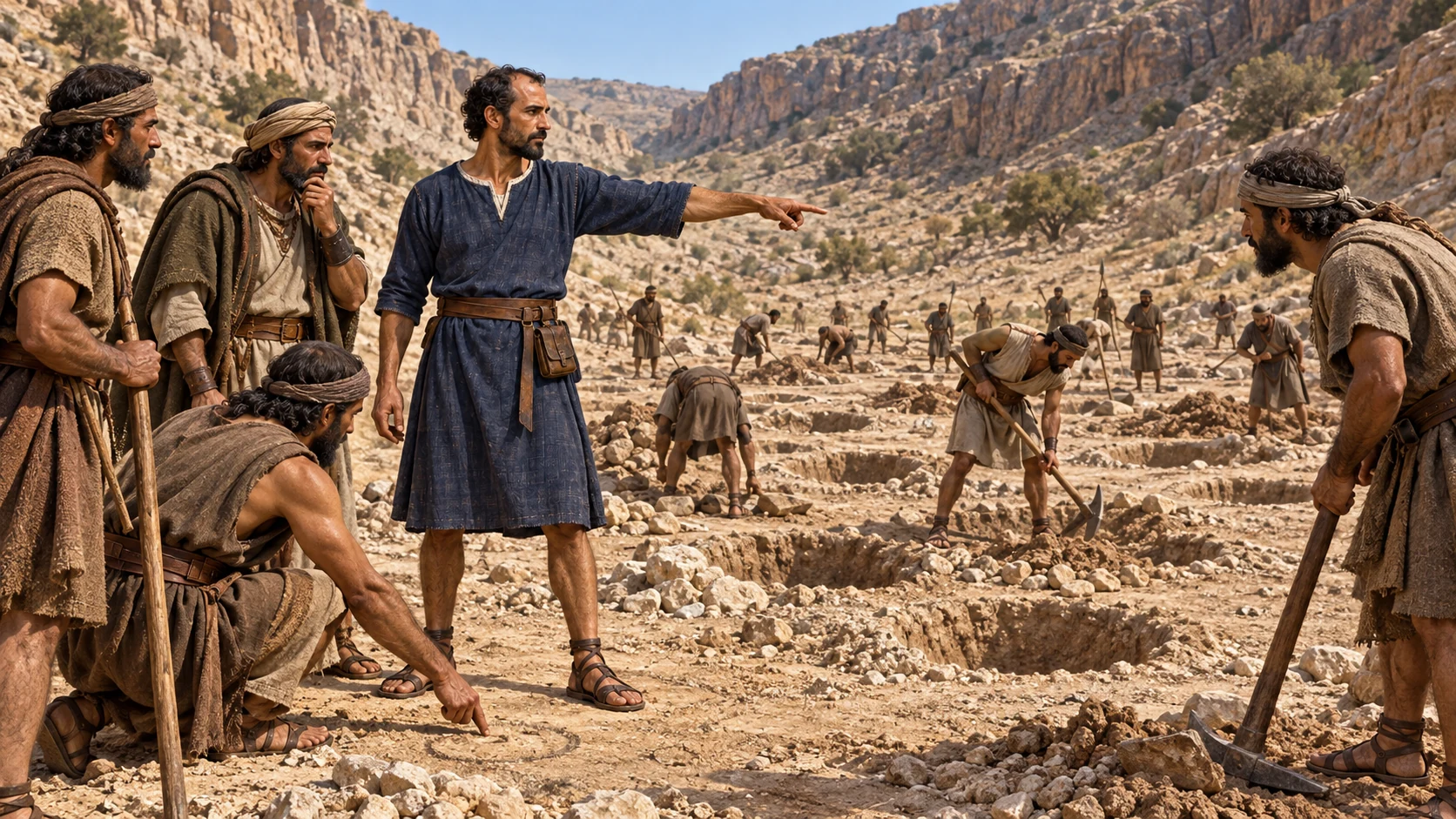 Elisha gestures toward the dry channel where workers will dig; no water yet.