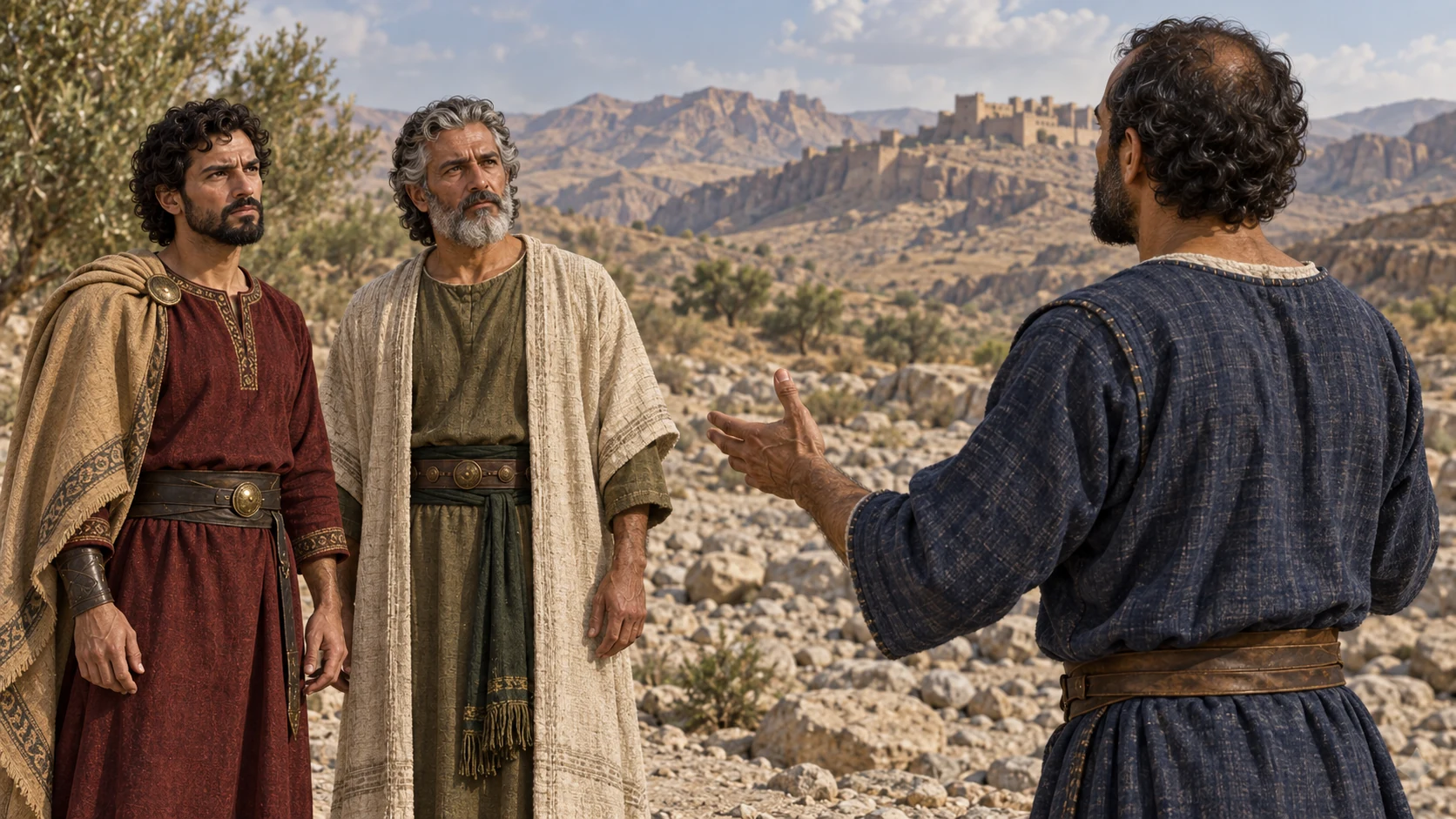 Elisha continues speaking before the three kings with the dry camp behind.