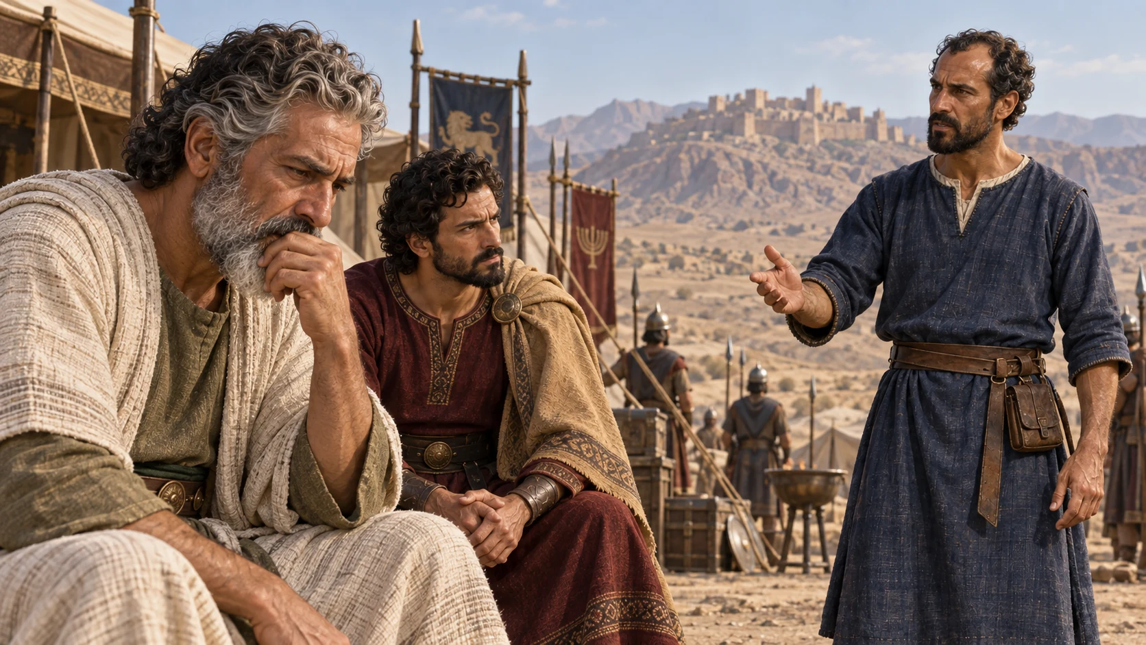 The kings hear Elisha's instructions; avoid depicting future destruction as already complete.