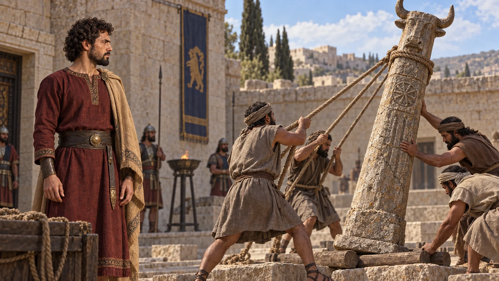 Workers lower one Baal pillar as Jehoram watches; do not imply full faithfulness.